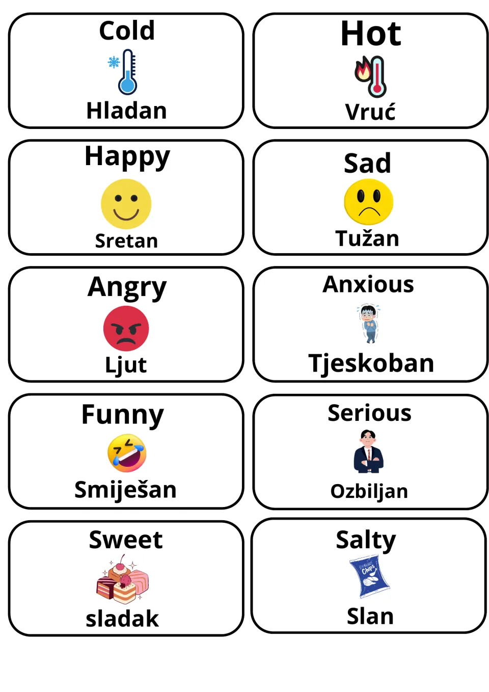 Feelings, temperature and taste adjectives in English and Croatian: cold/hladan, happy/sretan, angry/ljut, sweet/sladak