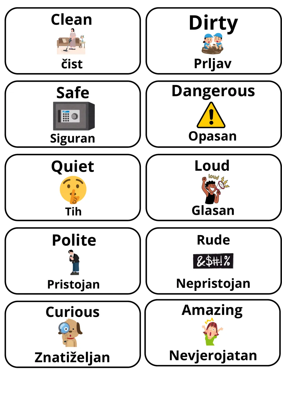 Flashcards for clean/čist, safe/siguran, quiet/tih, polite/pristojan and curious/znatiželjan, each shown with its opposite