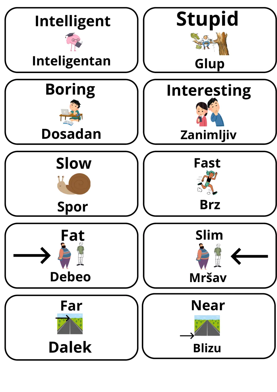 Ten picture cards translating intelligent, boring, slow, fat and far into Croatian, plus opposites like glup and brz