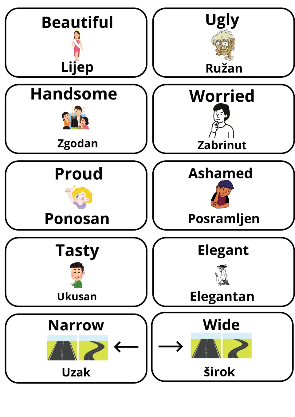 Appearance and feeling adjectives with Croatian words: beautiful/lijep, handsome/zgodan, proud/ponosan, narrow/uzak
