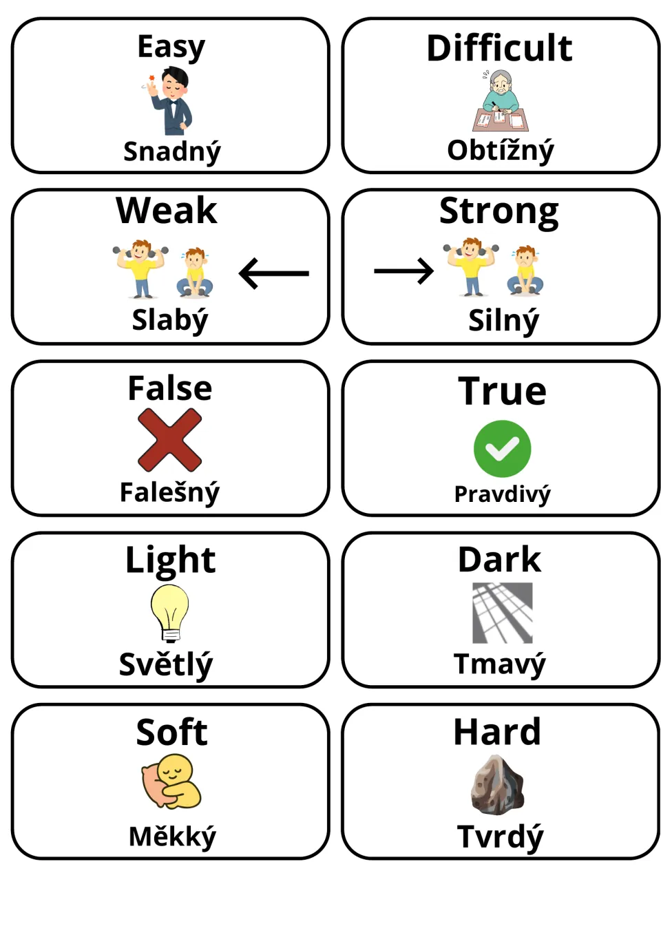 Picture cards for easy/difficult, weak/strong, false/true, light/dark and soft/hard, each English word with its Czech match