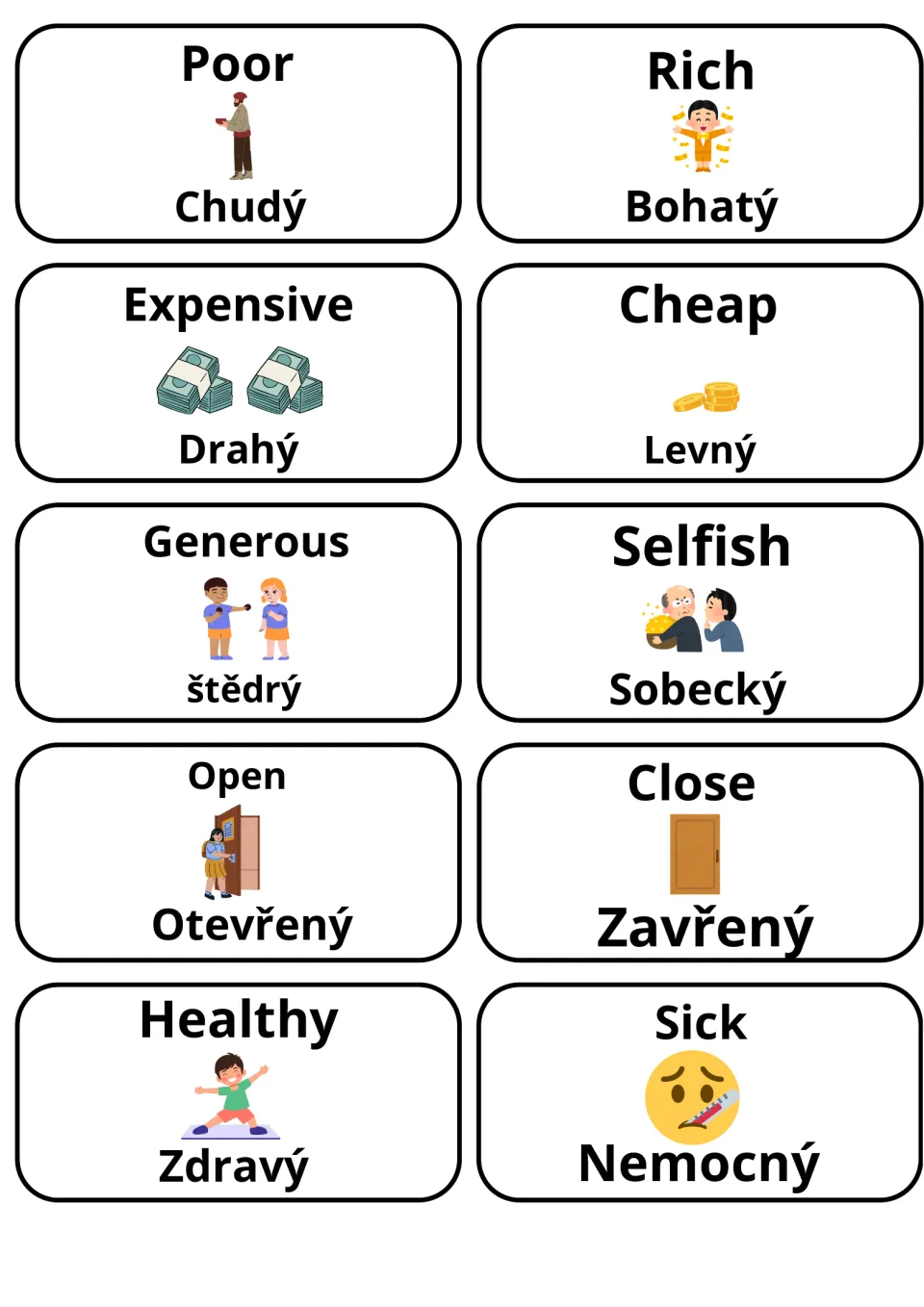 Czech word cards on money, character and health: poor/rich, expensive/cheap, generous/selfish, open/close, healthy/sick