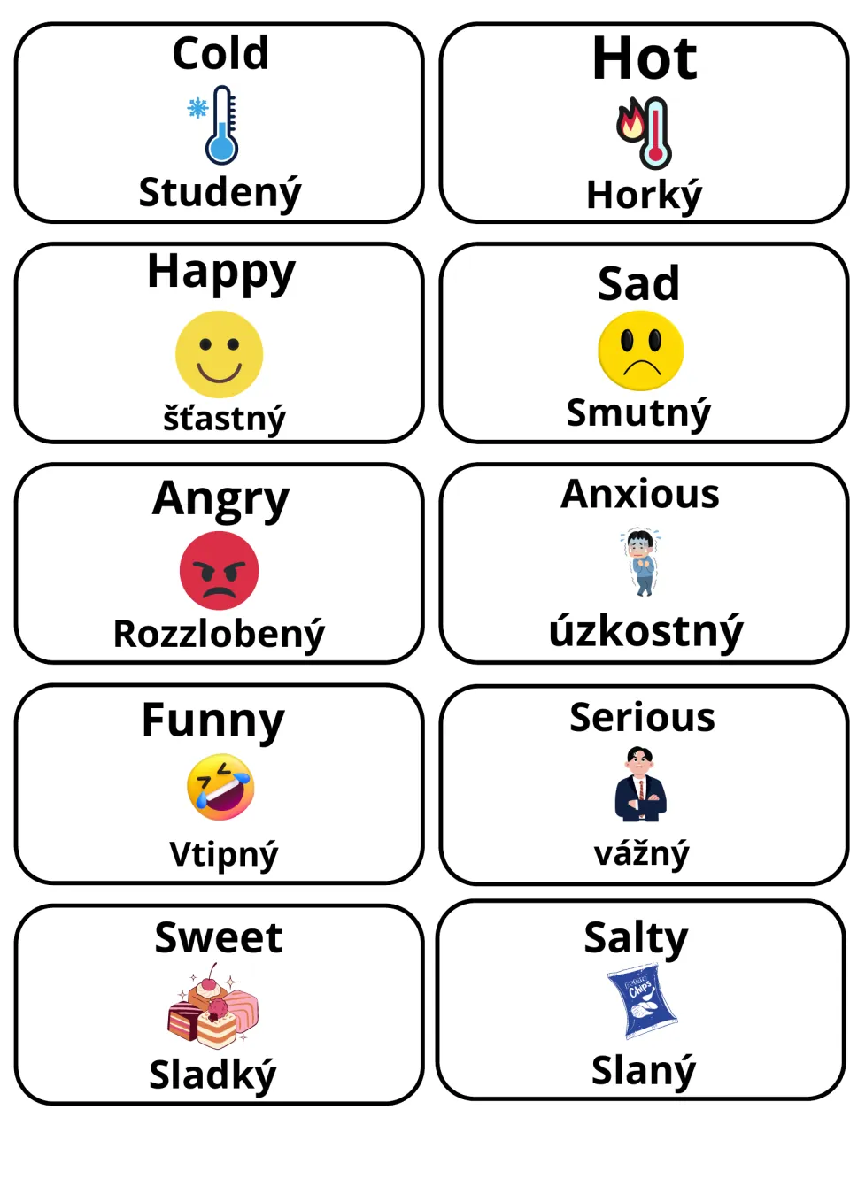 Feelings, temperature and taste words with Czech: cold, hot, happy, sad, angry, anxious, funny, serious, sweet, salty