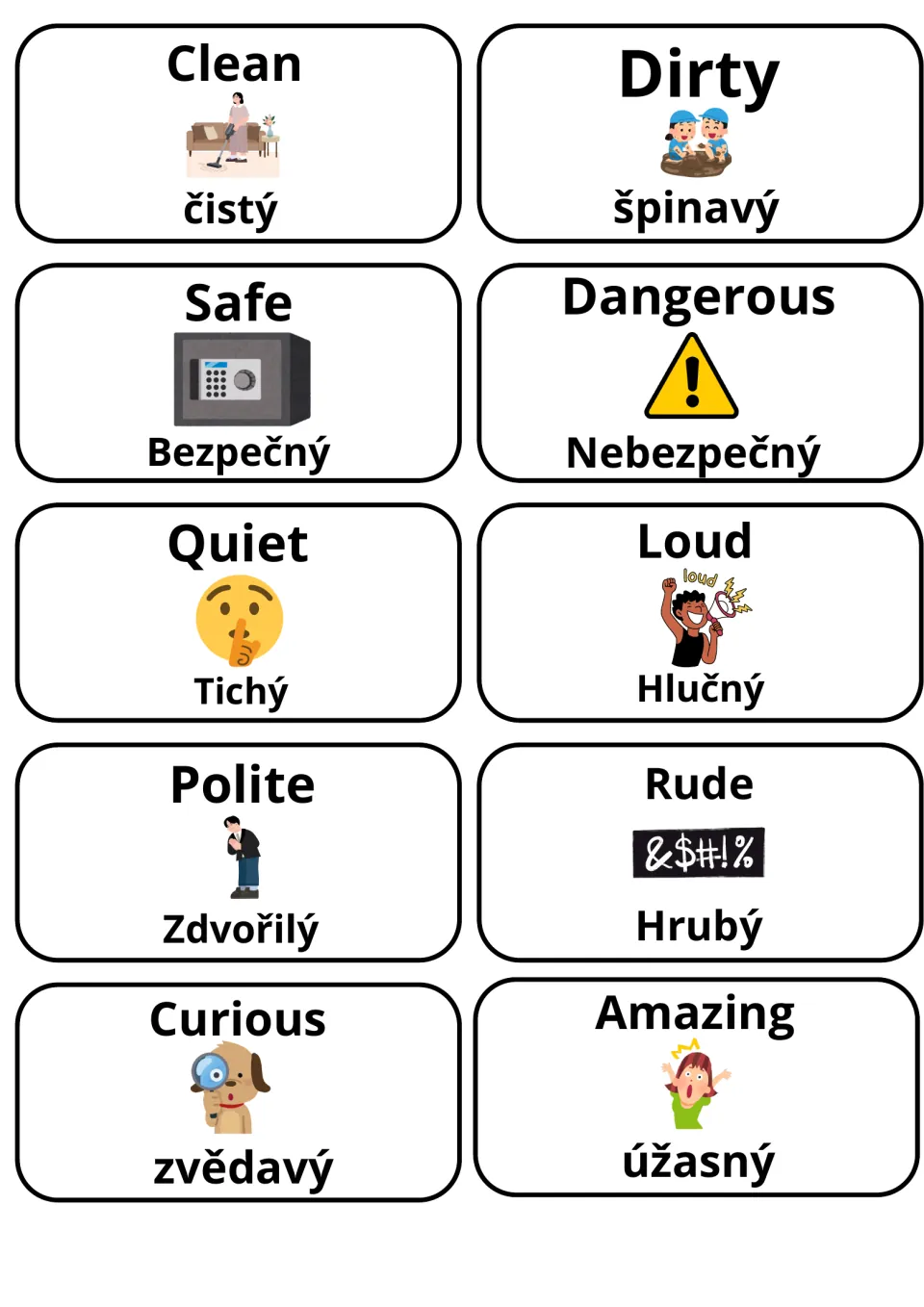 Describing-word cards with Czech translations: clean/dirty, safe/dangerous, quiet/loud, polite/rude, curious and amazing