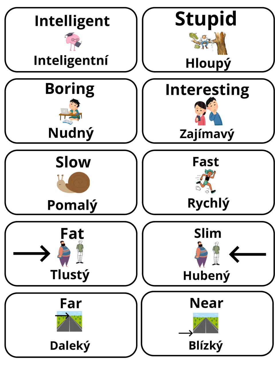 Illustrated English and Czech word pairs: intelligent/stupid, boring/interesting, slow/fast, fat/slim and far/near