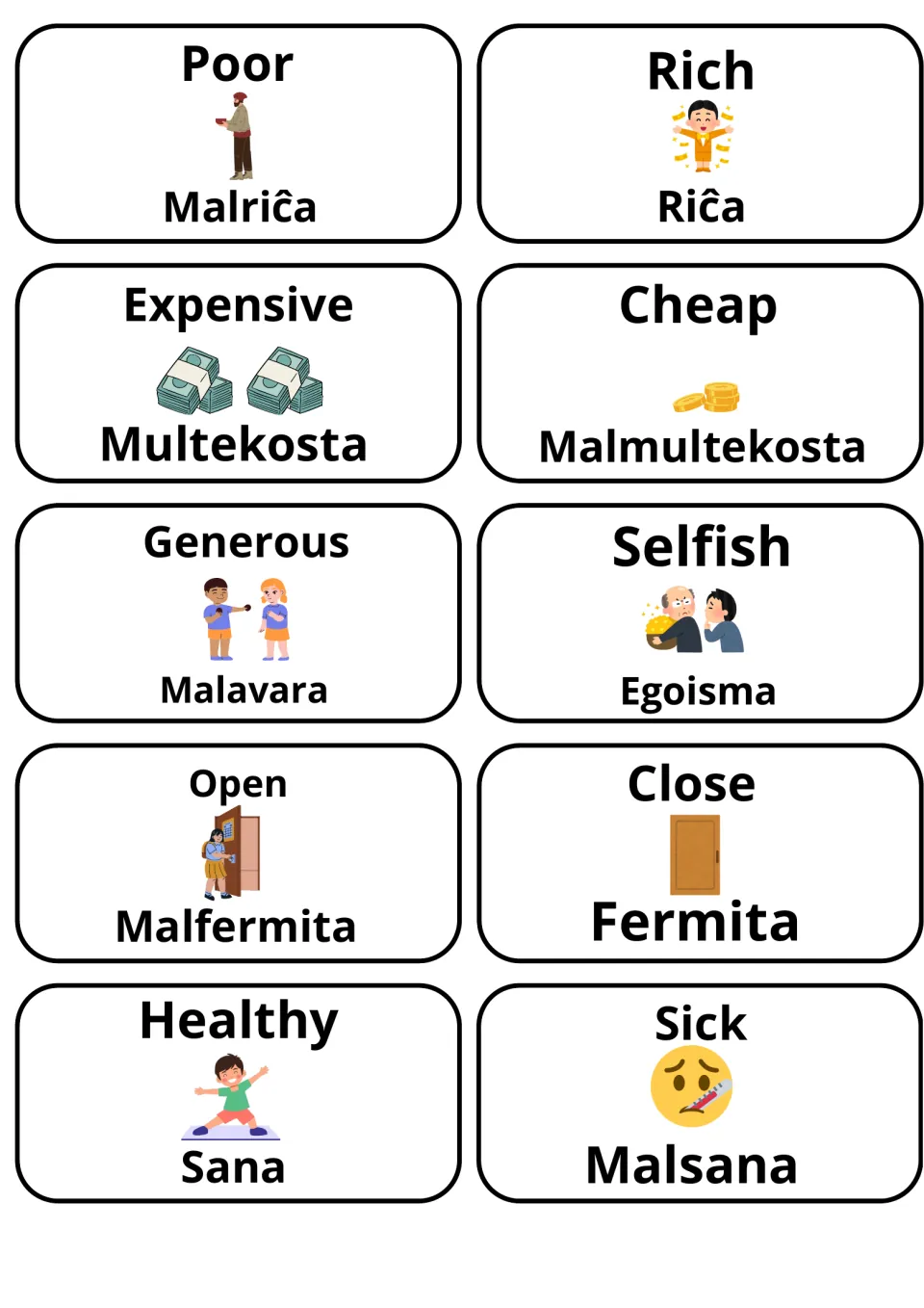 Adjective pairs for money, character and health: Poor/Malriĉa, Expensive/Multekosta, Generous/Malavara, Sick/Malsana