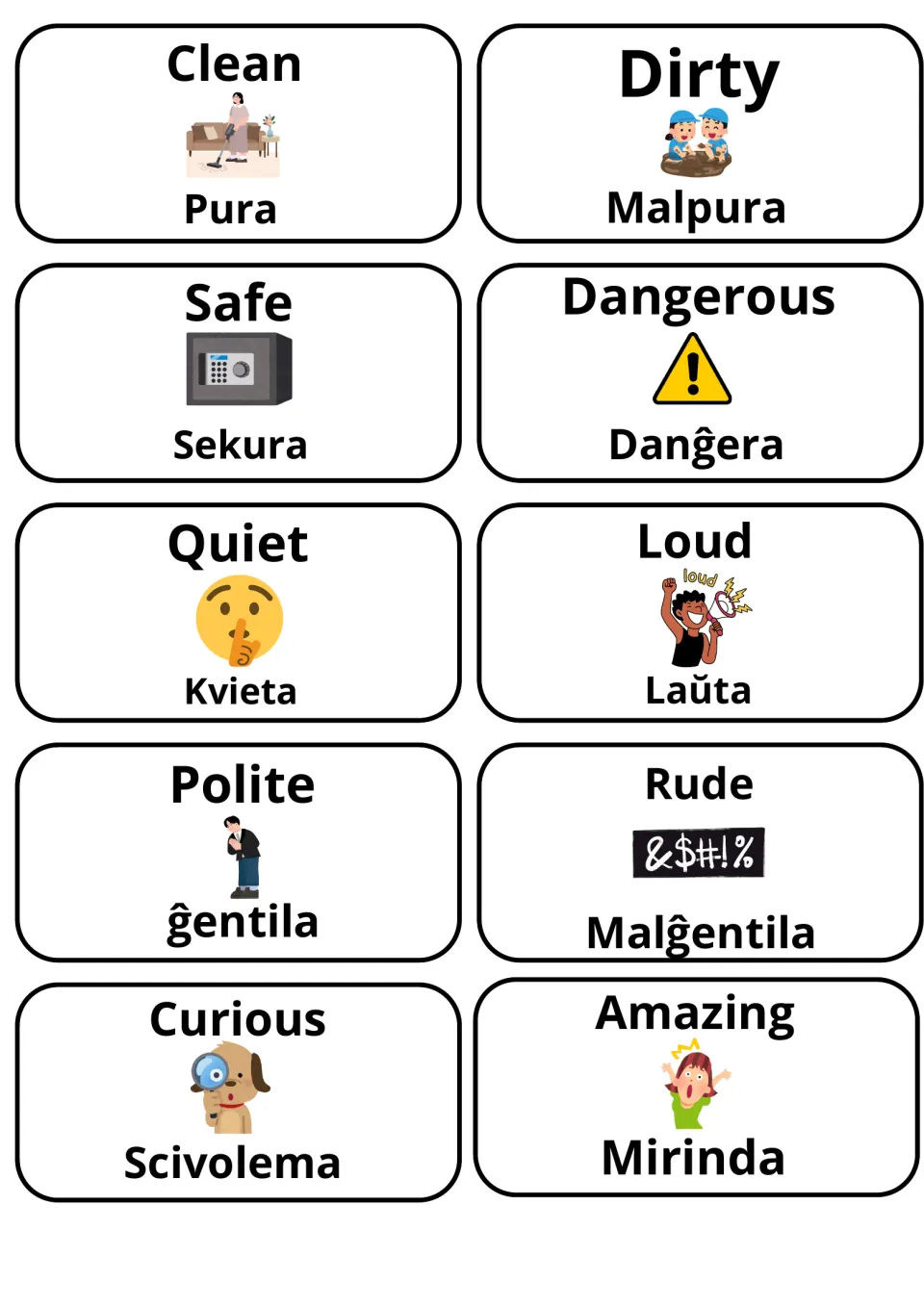 Esperanto adjective picture cards: Clean/Pura, Dangerous/Danĝera, Quiet/Kvieta, Polite/Ĝentila, Curious/Scivolema
