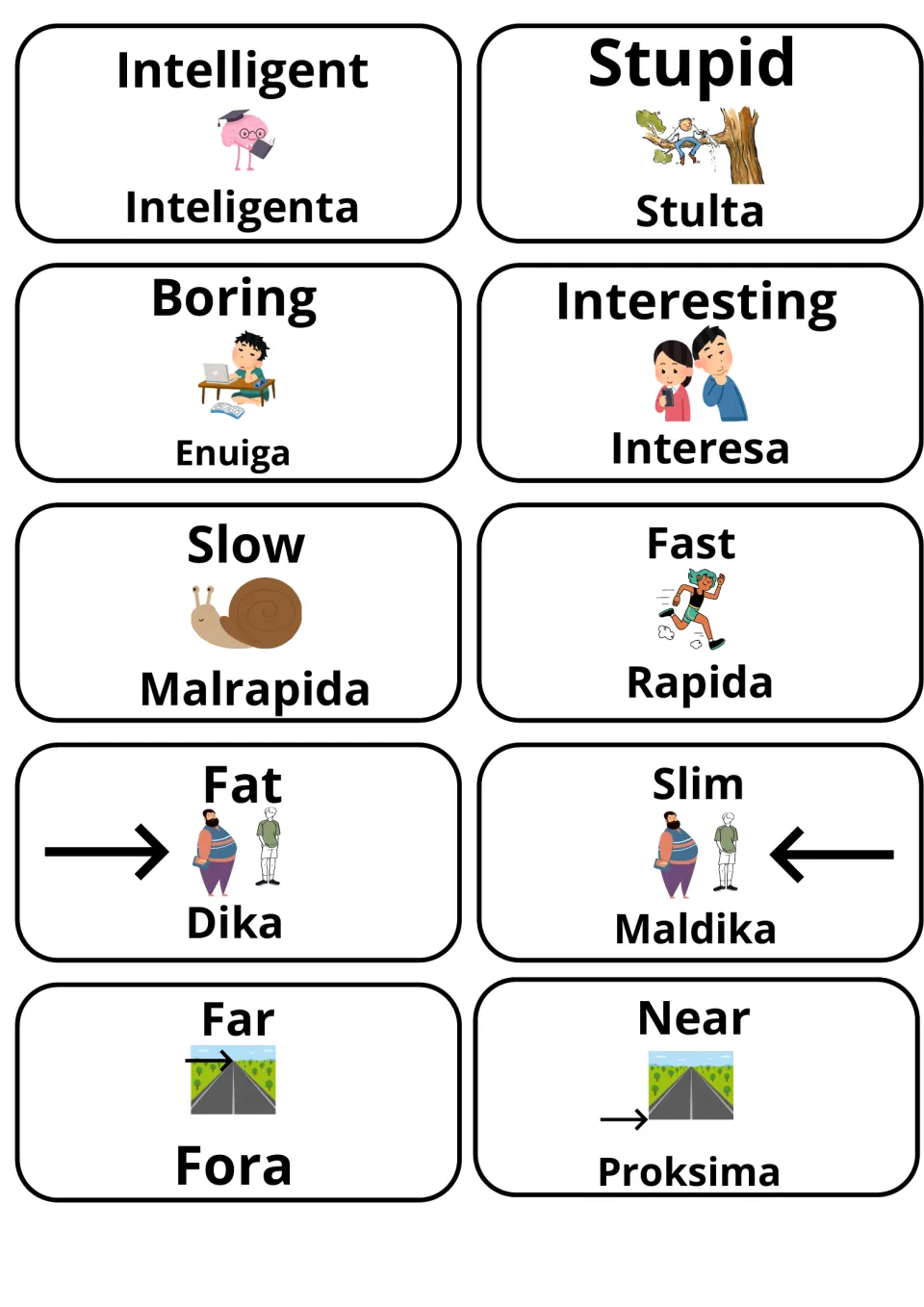 Adjective opposites with Esperanto translations: Intelligent/Inteligenta, Boring/Enuiga, Slow/Malrapida, Near/Proksima
