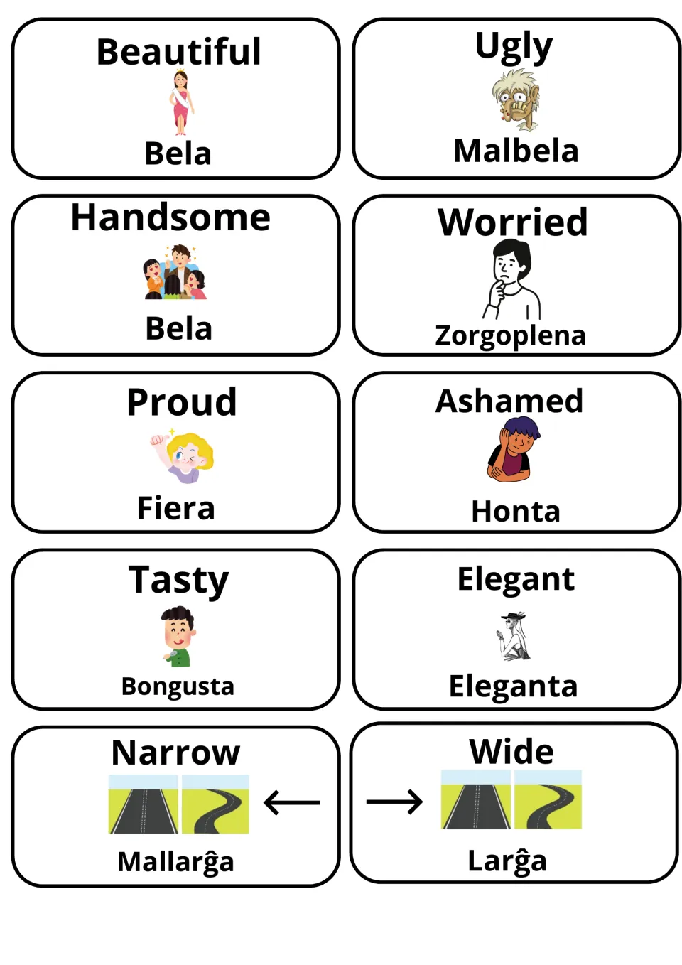 Esperanto descriptive word cards: Beautiful/Bela, Ugly/Malbela, Worried/Zorgoplena, Tasty/Bongusta, Wide/Larĝa
