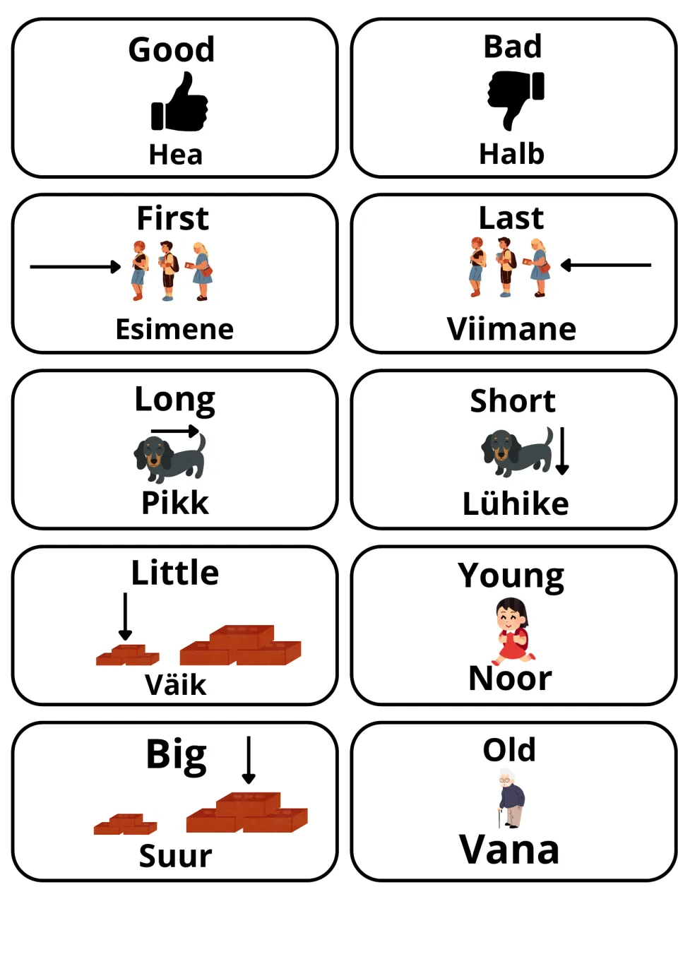 Opposite adjectives in English and Estonian: 10 picture cards such as good/hea, bad/halb, long/pikk and old/vana