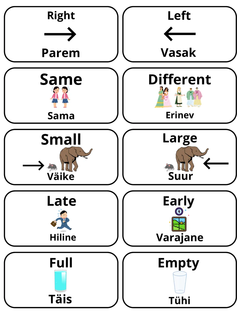 Picture cards for right/parem, left/vasak, same/sama, different/erinev, late/hiline, early/varajane, full and empty