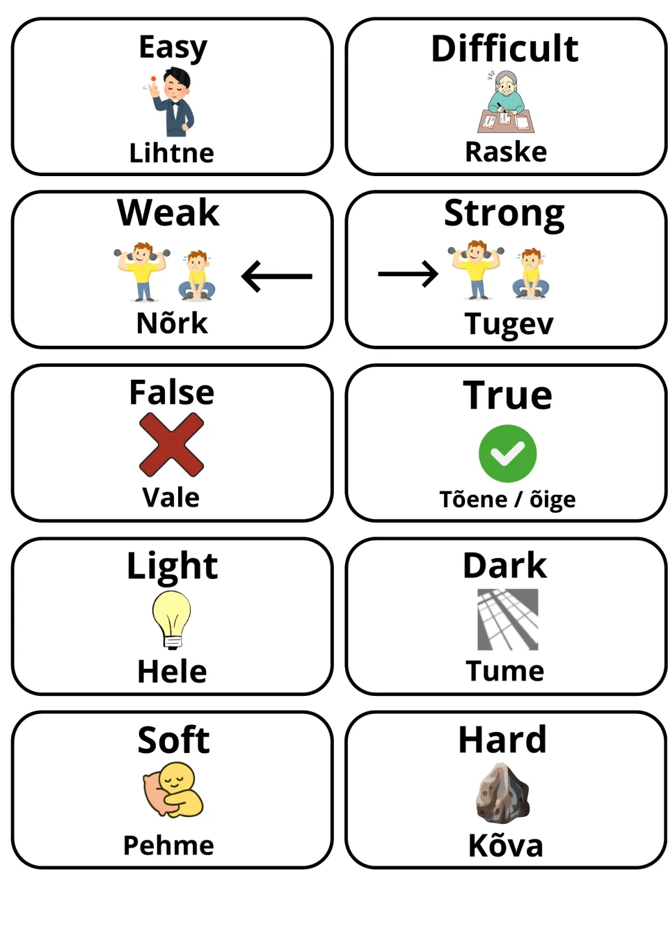 Estonian adjective cards: easy/lihtne, difficult/raske, weak/nõrk, strong/tugev, false/vale, true, light, dark, soft, hard