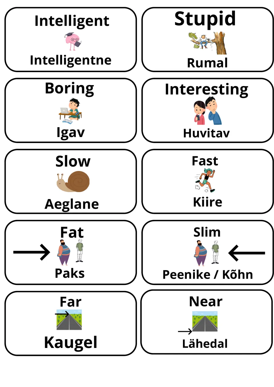 Estonian opposites cards: intelligent/intelligentne, boring/igav, interesting/huvitav, slow/aeglane, fast/kiire, far, near