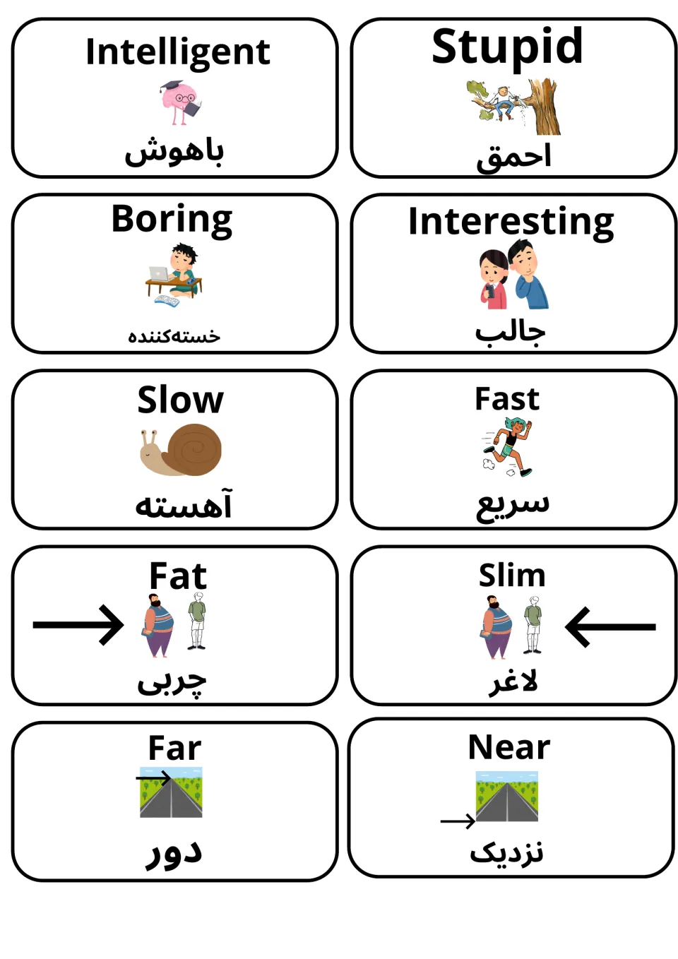 Opposites cards: intelligent, stupid, boring, interesting, slow, fast, fat, slim, far and near, with pictures and Farsi