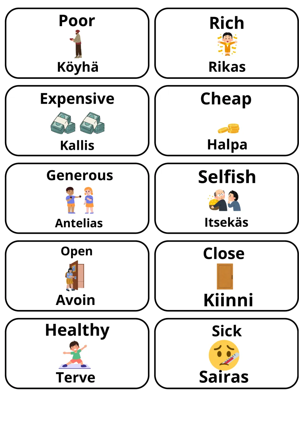 Adjective cards in Finnish: poor/köyhä, rich/rikas, expensive, cheap, generous, selfish, open, close, healthy, sick