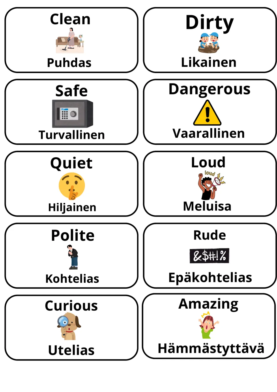 Adjectives in Finnish: clean/puhdas, dirty/likainen, safe, dangerous, quiet, loud, polite, rude, curious, amazing