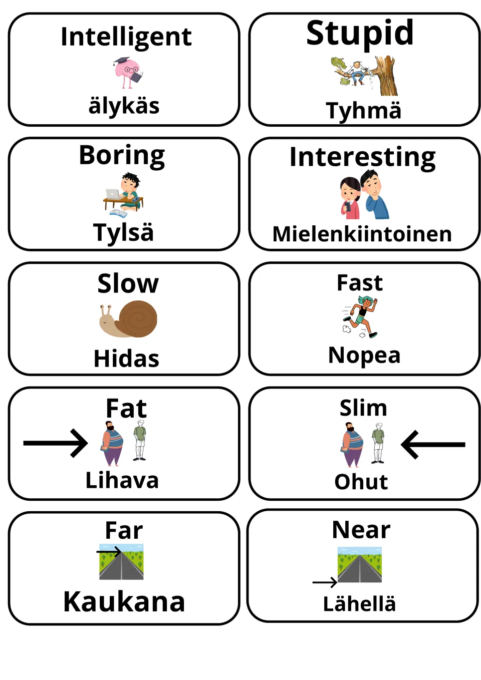 Finnish-English adjective pairs: intelligent/älykäs, stupid/tyhmä, boring, interesting, slow, fast, fat, slim, far, near