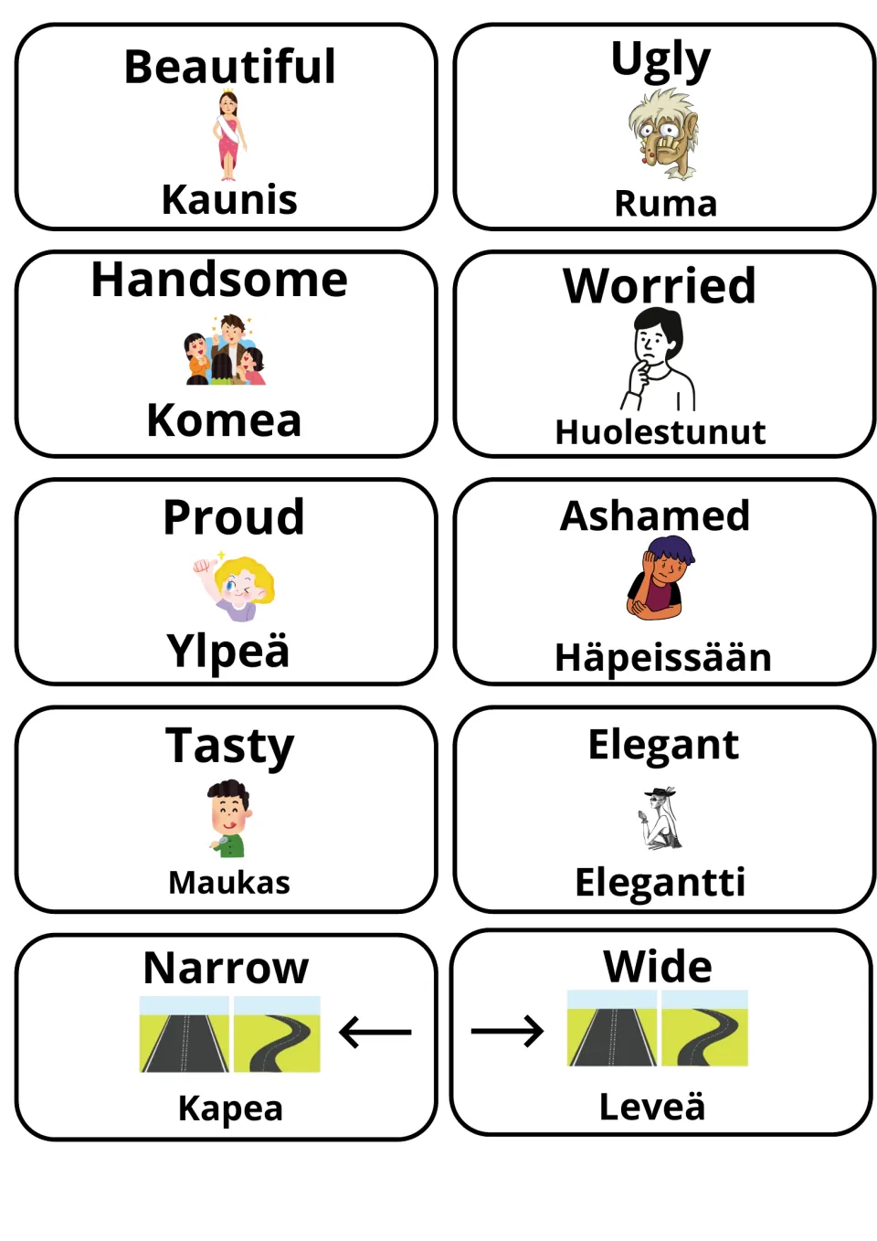 Finnish vocabulary cards: beautiful/kaunis, ugly/ruma, handsome, worried, proud, ashamed, tasty, elegant, narrow, wide
