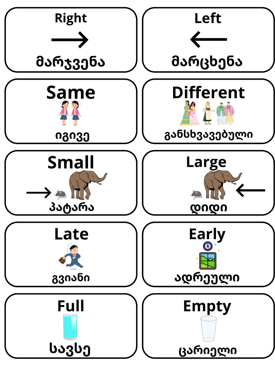Opposite adjective cards Right/Left, Same/Different, Small/Large, Late/Early, Full/Empty with pictures and Georgian words