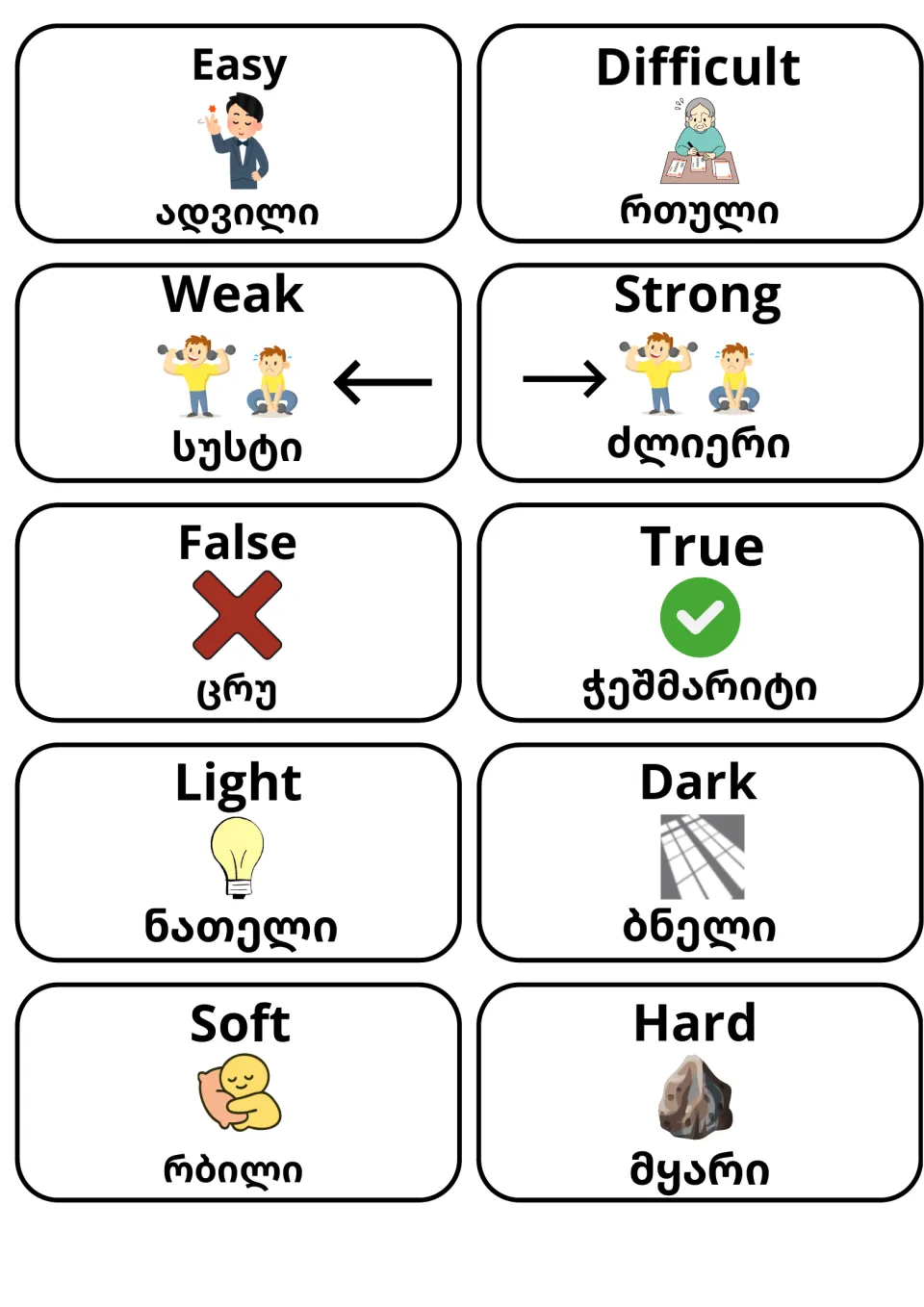 Vocabulary cards for Easy/Difficult, Weak/Strong, False/True, Light/Dark, Soft/Hard, each pictured with its Georgian word