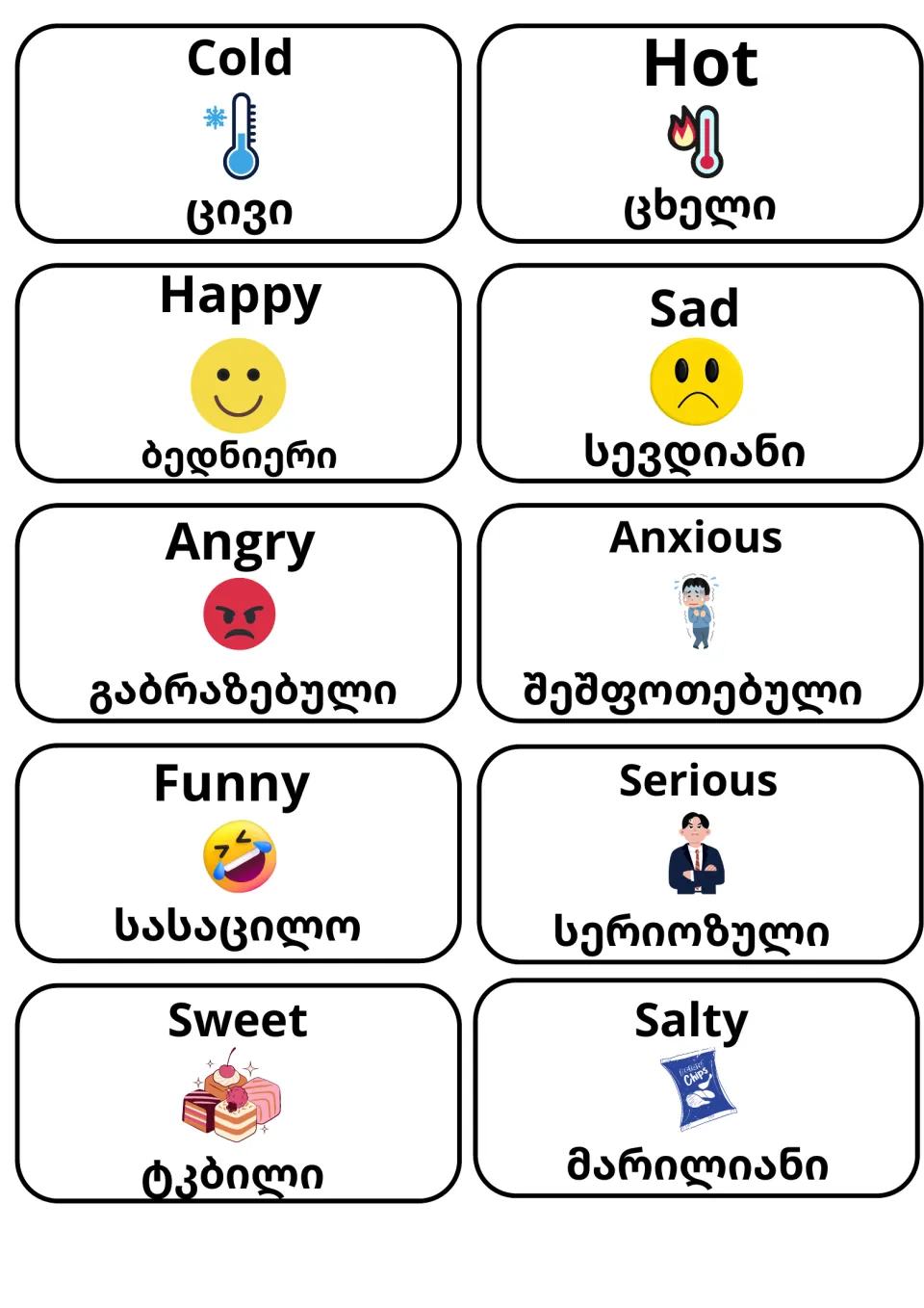 Feelings and senses adjectives: Cold, Hot, Happy, Sad, Angry, Anxious, Funny, Serious, Sweet, Salty with Georgian words