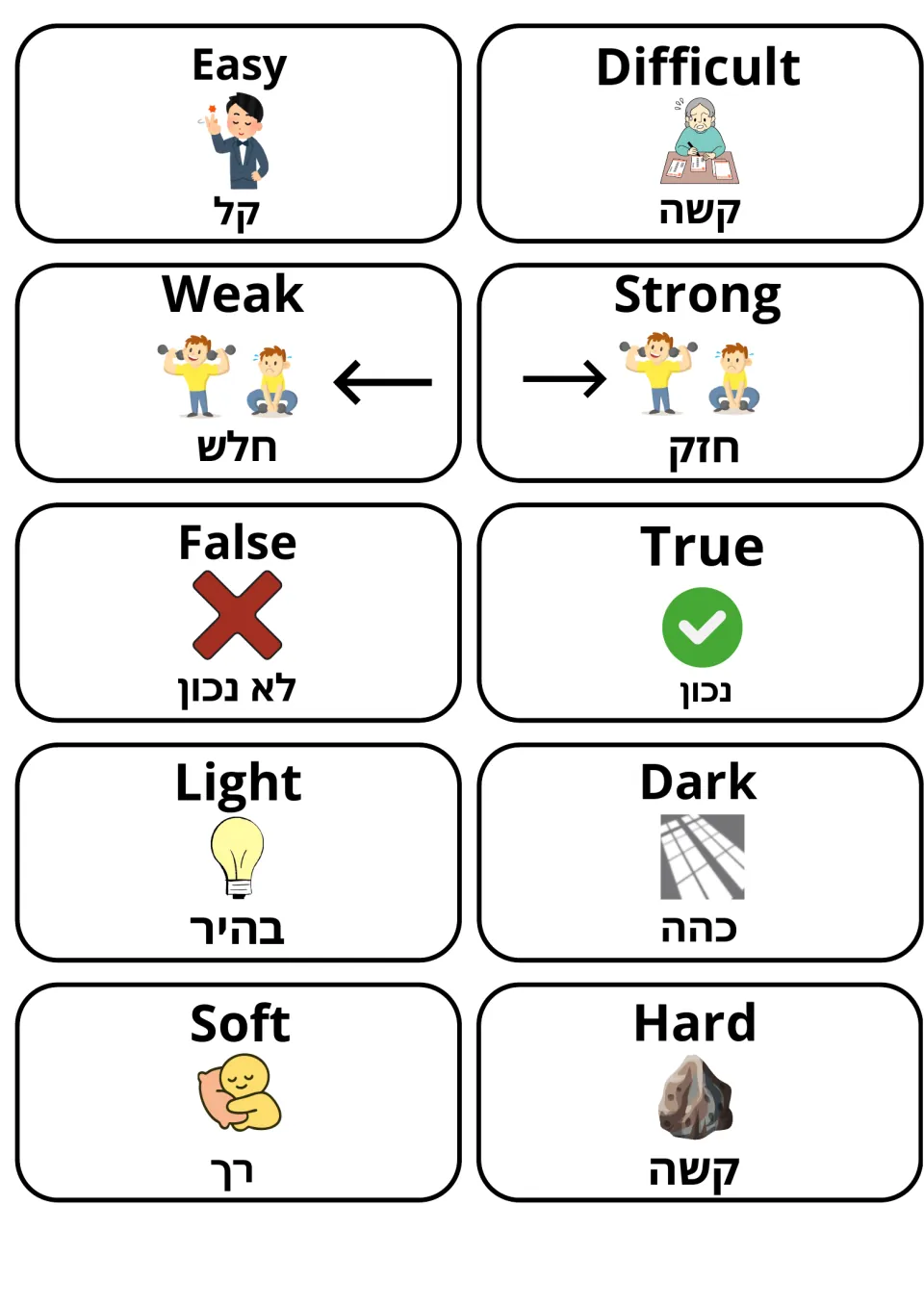 English-Hebrew adjective cards for easy, difficult, weak, strong, false, true, light, dark, soft and hard, each pictured
