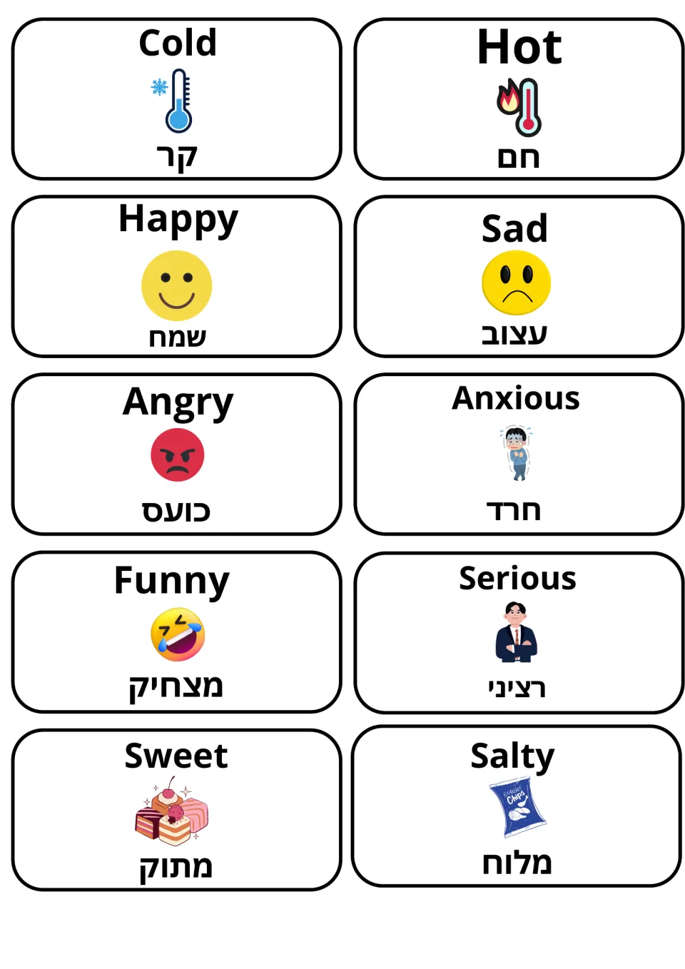 Feeling, taste and temperature cards: cold, hot, happy, sad, angry, anxious, funny, serious, sweet and salty, with Hebrew