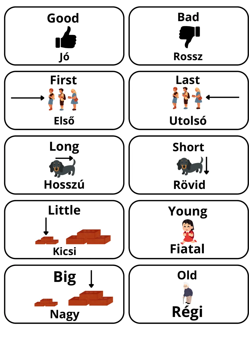 English-Hungarian adjective cards: good/jó, bad/rossz, first, last, long, short, little, young, big, old with pictures
