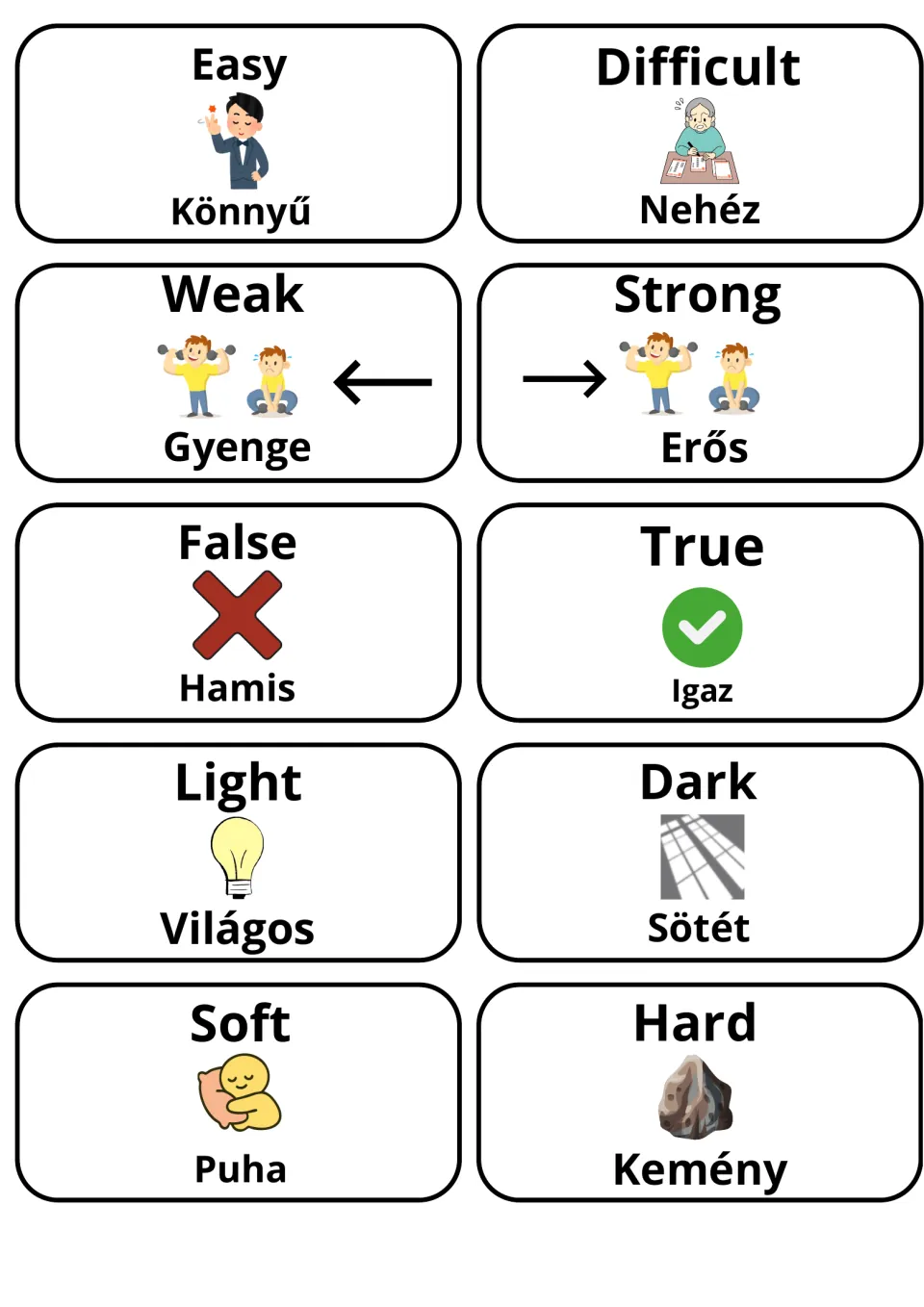 Cards pairing English and Hungarian adjectives: easy/könnyű, difficult/nehéz, weak, strong, false, true, light, dark