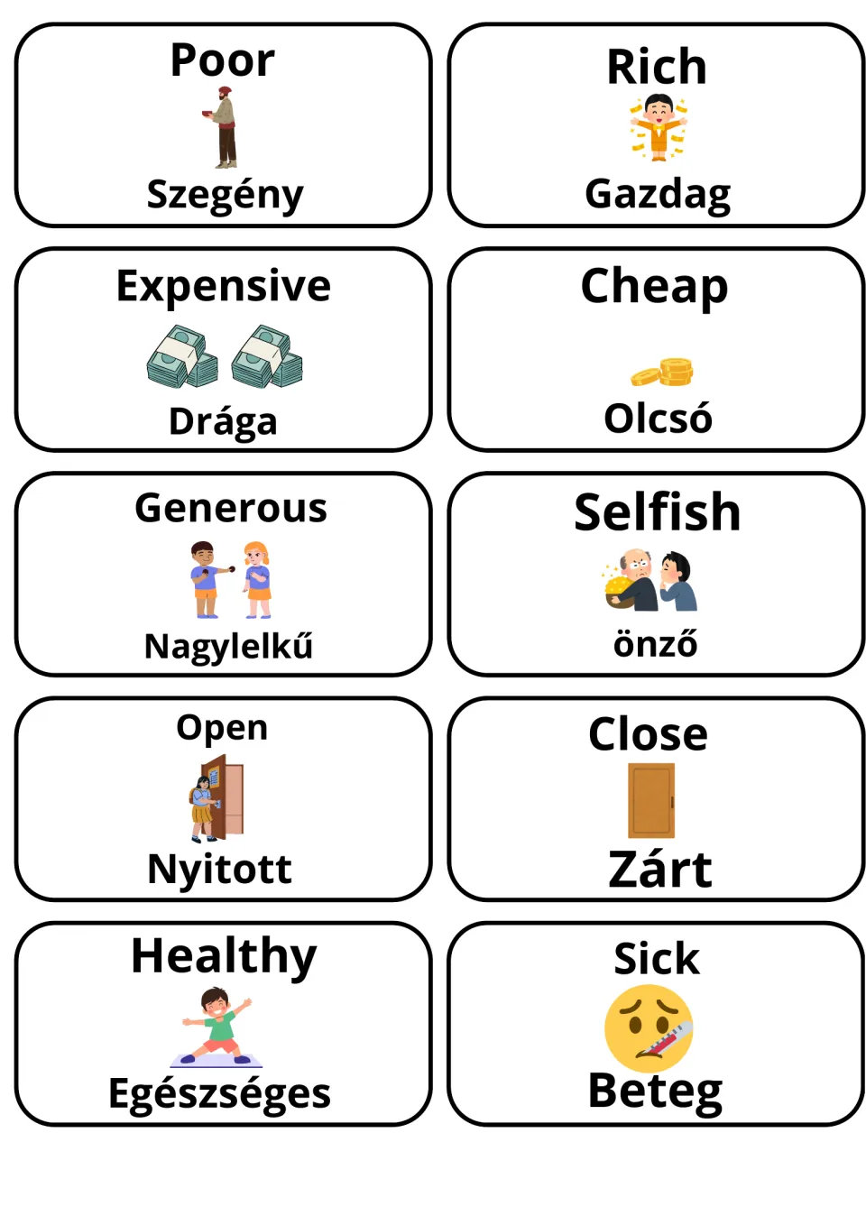 Adjective cards with Hungarian translations: poor/szegény, rich/gazdag, expensive, cheap, generous, selfish, open, healthy