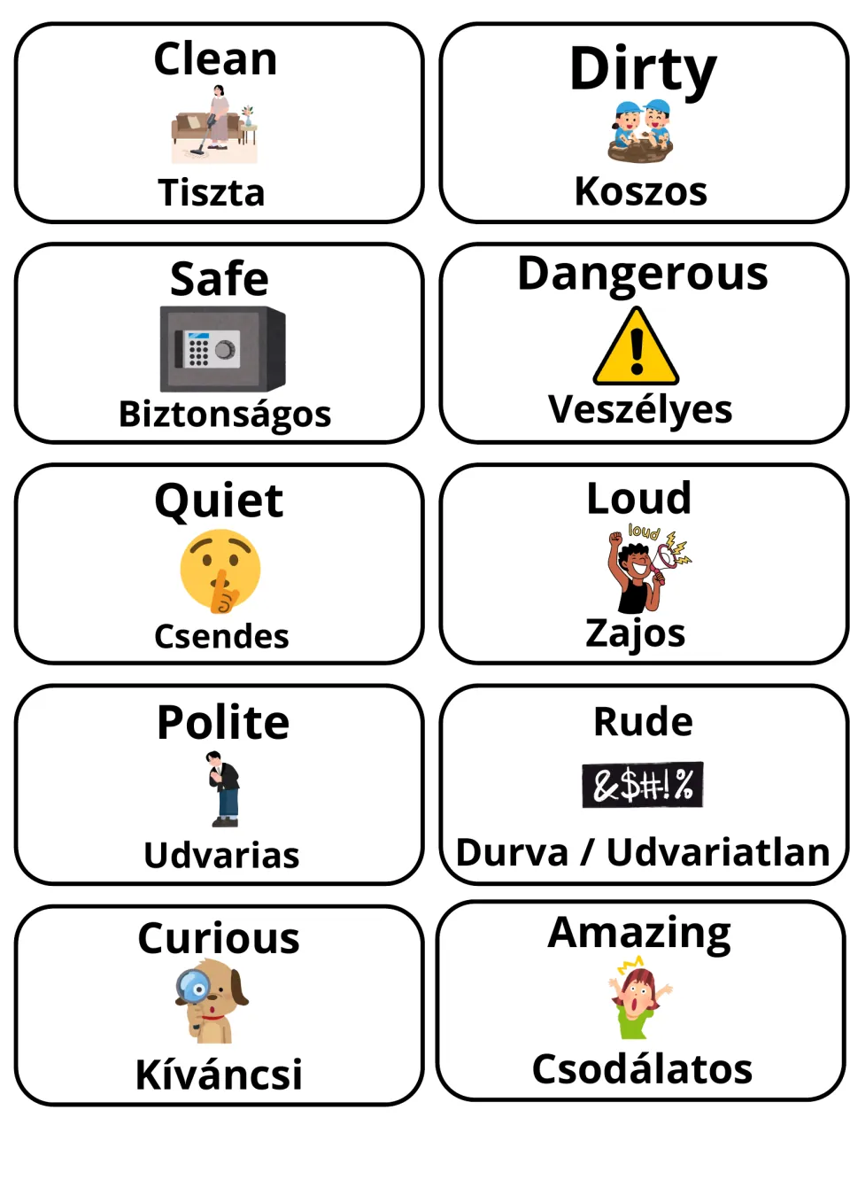 Illustrated adjective cards with Hungarian words: clean/tiszta, dirty, safe, dangerous, quiet, loud, polite, rude, curious