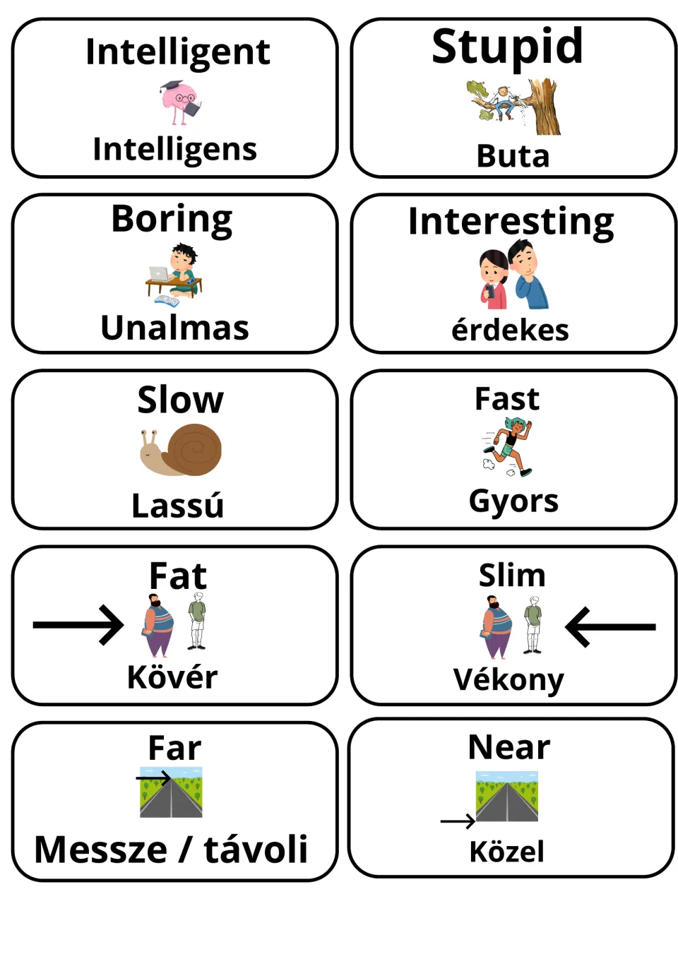 English adjectives with Hungarian equivalents: intelligent, stupid/buta, boring, interesting, slow/lassú, fast, far, near