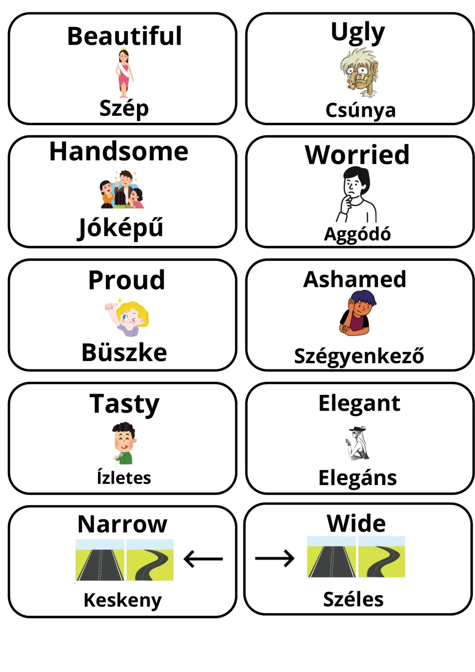 Appearance and feeling adjectives with Hungarian: beautiful/szép, ugly, handsome, worried, proud, ashamed, narrow, wide