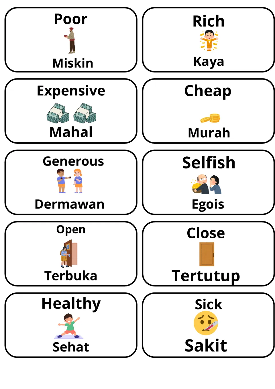 Illustrated adjective pairs with Indonesian words: poor/miskin, rich/kaya, expensive, cheap, generous and selfish