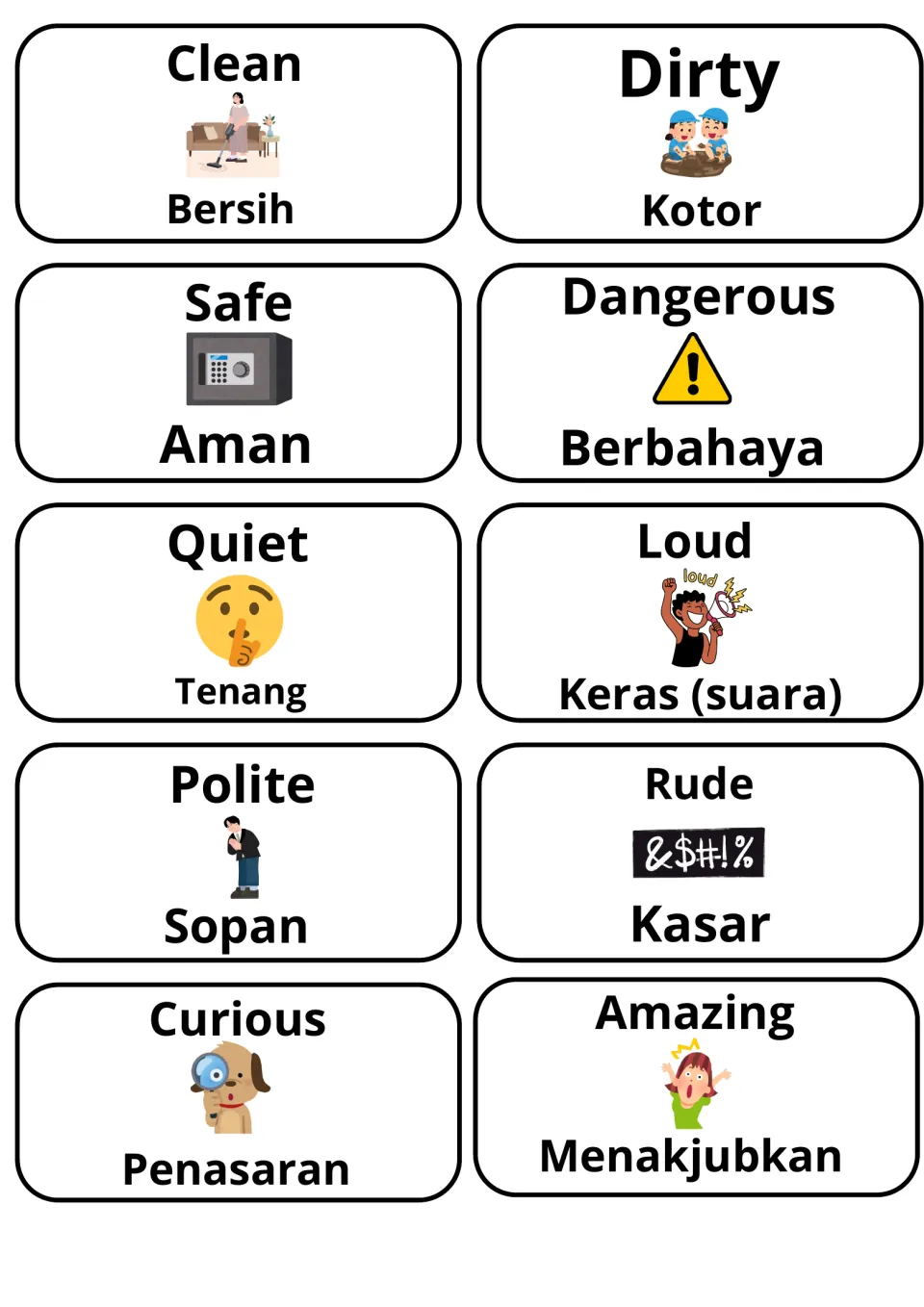 Picture cards pairing English adjectives with Indonesian: clean/bersih, dirty/kotor, safe, dangerous, quiet and loud