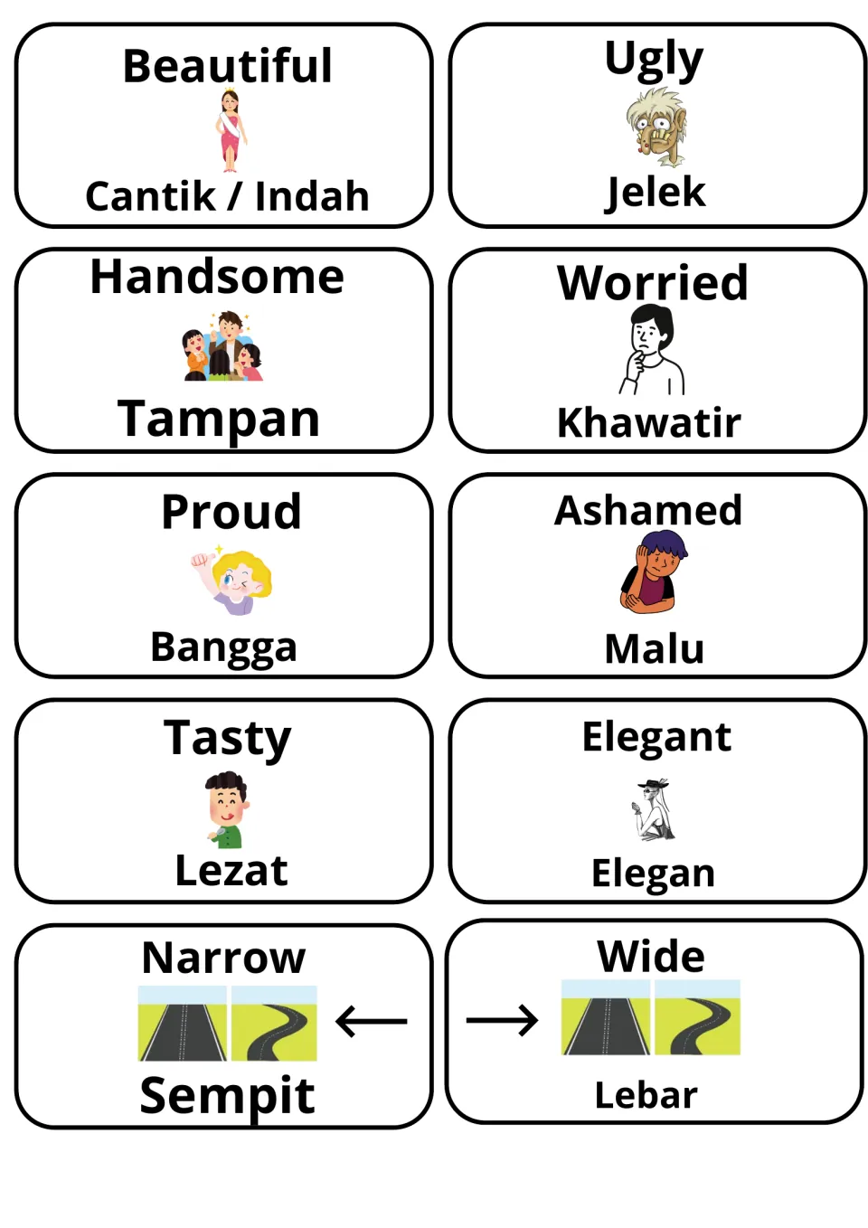 Describing words in English and Indonesian: beautiful/cantik, ugly/jelek, handsome, worried, proud and ashamed