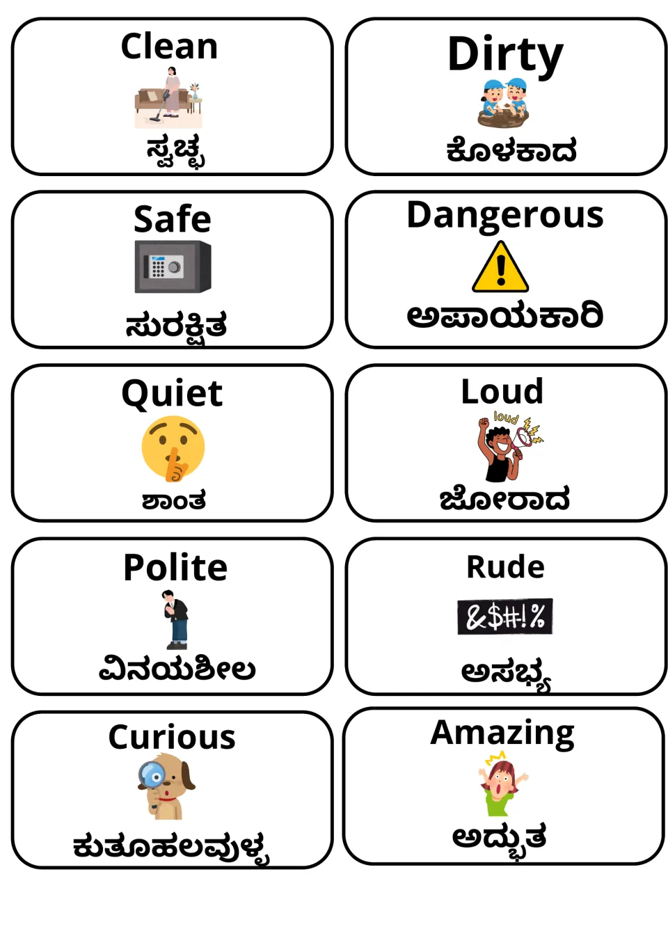 Kannada adjective picture cards: clean, dirty, safe, dangerous, quiet, loud, polite, rude, curious and amazing