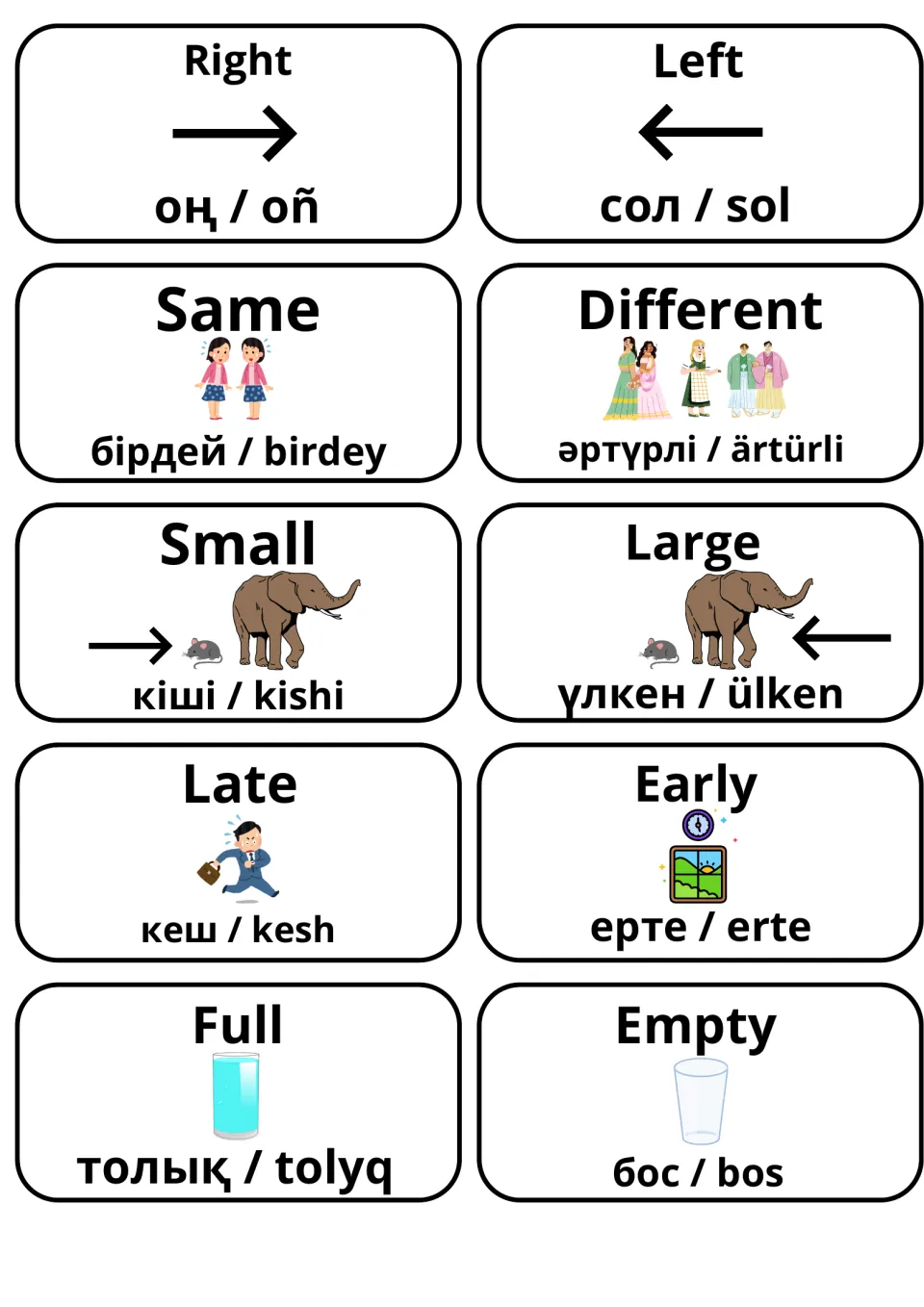 Picture flashcards for right/left, same/different, small/large, late/early and full/empty, each with a Kazakh translation