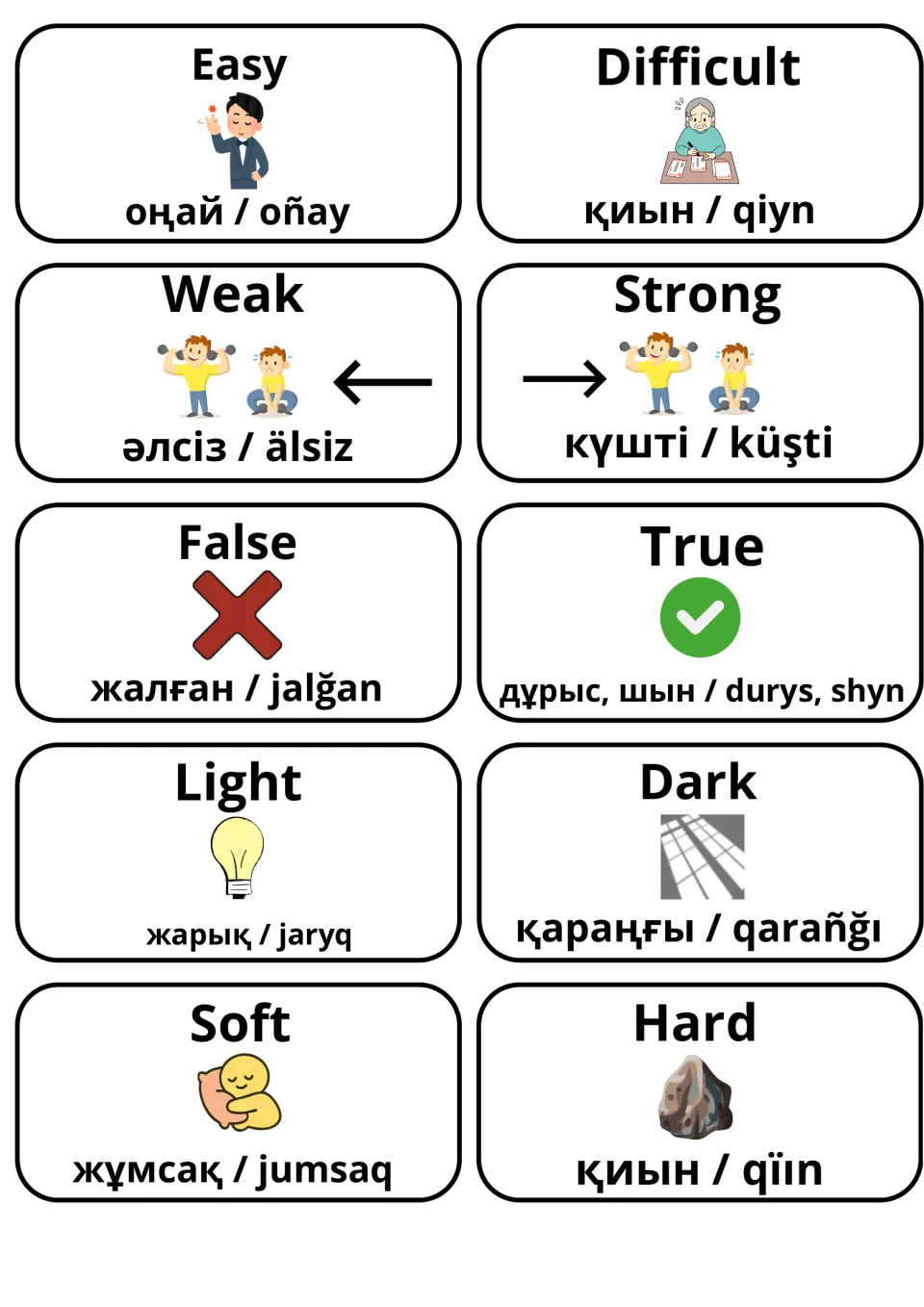 Kazakh cards for easy/difficult, weak/strong, false/true, light/dark and soft/hard, shown with icons and transliteration