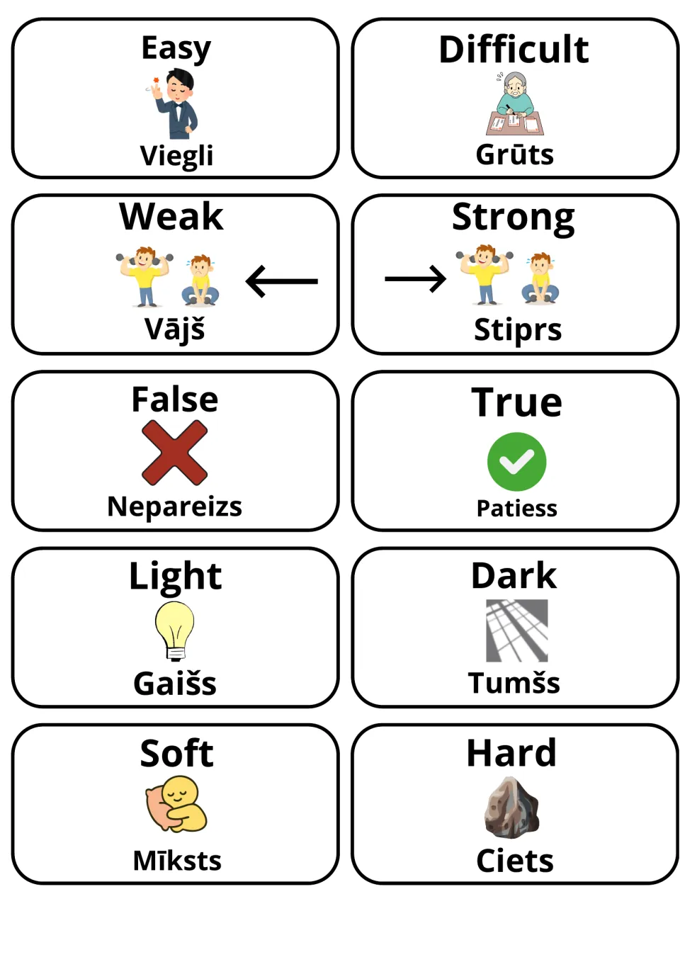Latvian adjective picture cards for antonyms easy/difficult, weak/strong, false/true, light/dark and soft/hard