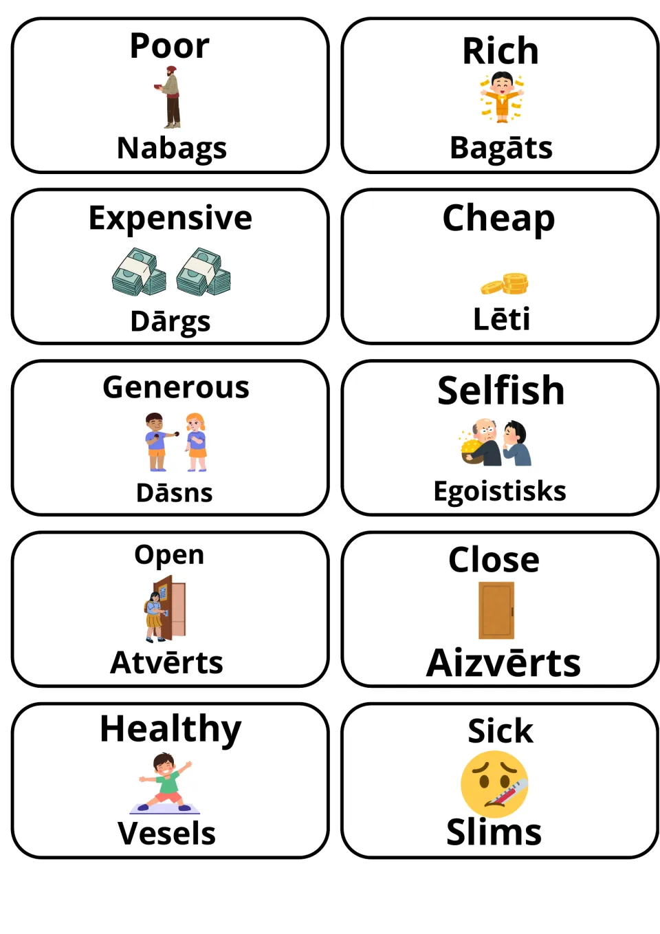 Adjectives in English and Latvian: picture cards for poor/rich, expensive/cheap, generous/selfish, open/close, healthy/sick