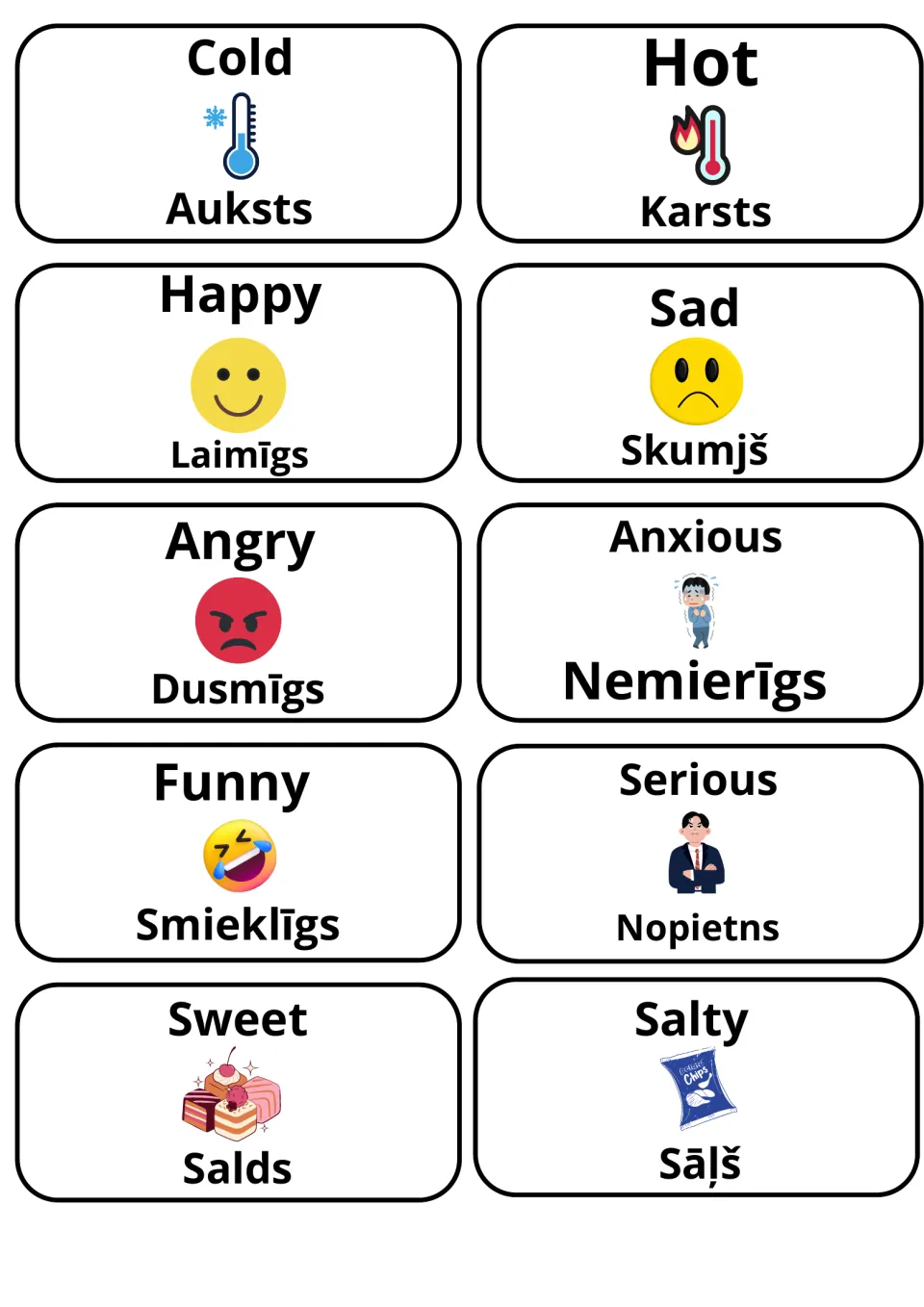 Feelings and senses adjectives with Latvian: cards for cold/hot, happy/sad, angry/anxious, funny/serious, sweet/salty