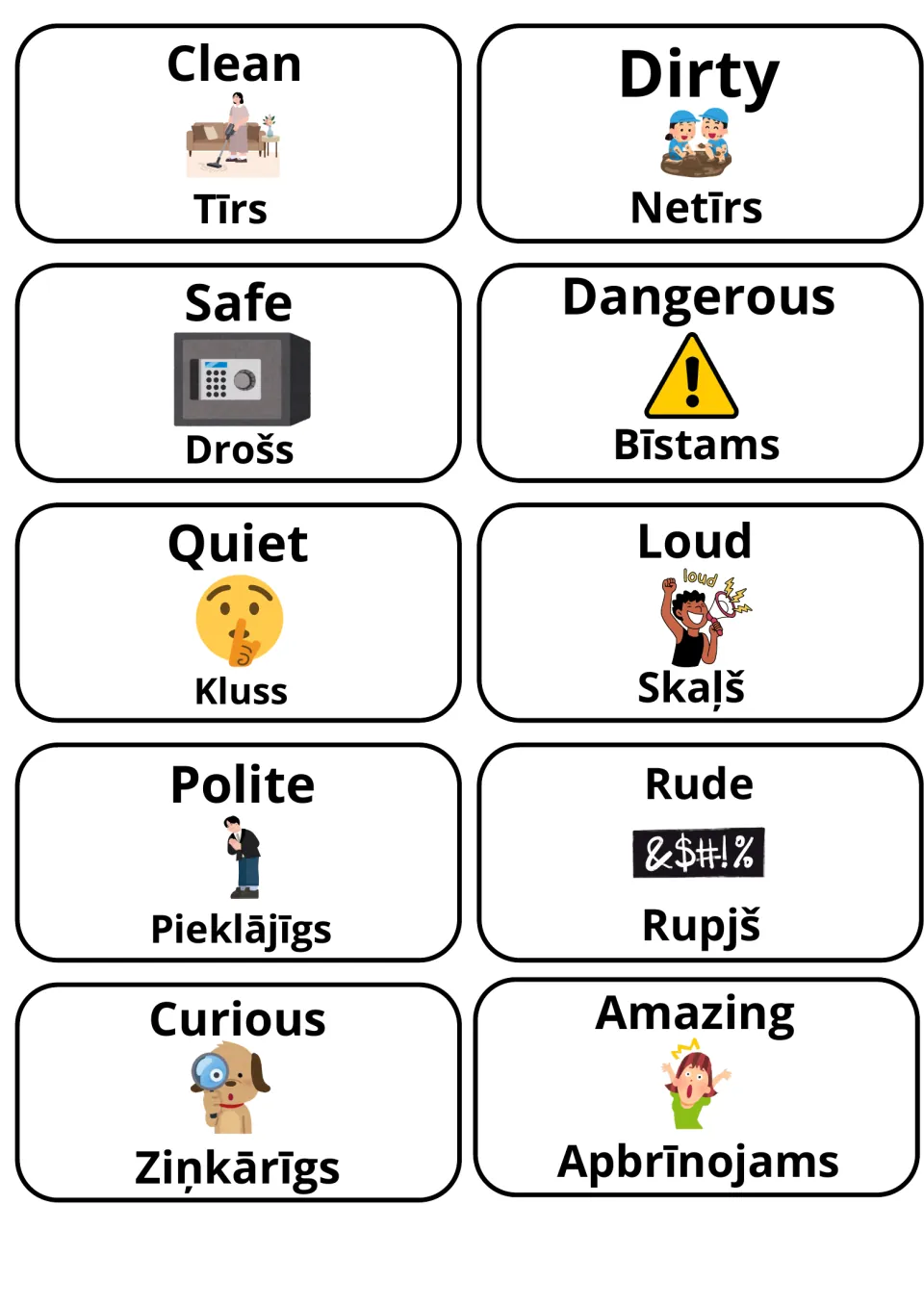 English-Latvian picture cards for clean/dirty, safe/dangerous, quiet/loud, polite/rude and curious/amazing