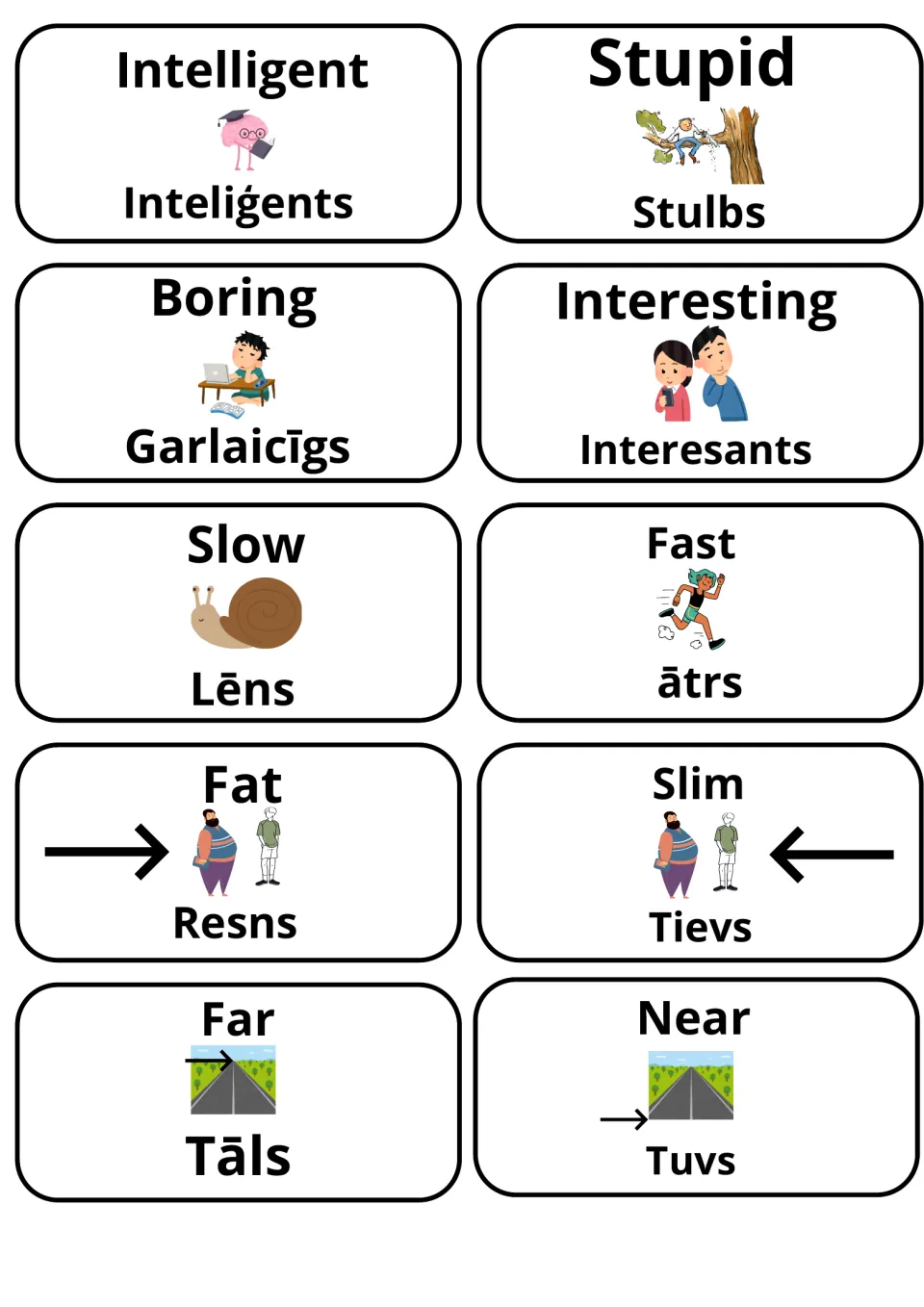 Latvian translation cards with pictures for intelligent/stupid, boring/interesting, slow/fast, fat/slim and far/near