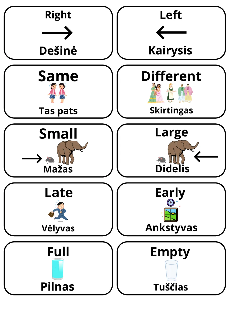 Lithuanian adjective cards: right/dešinė, left/kairysis, same, different, small, large, late, early, full, empty