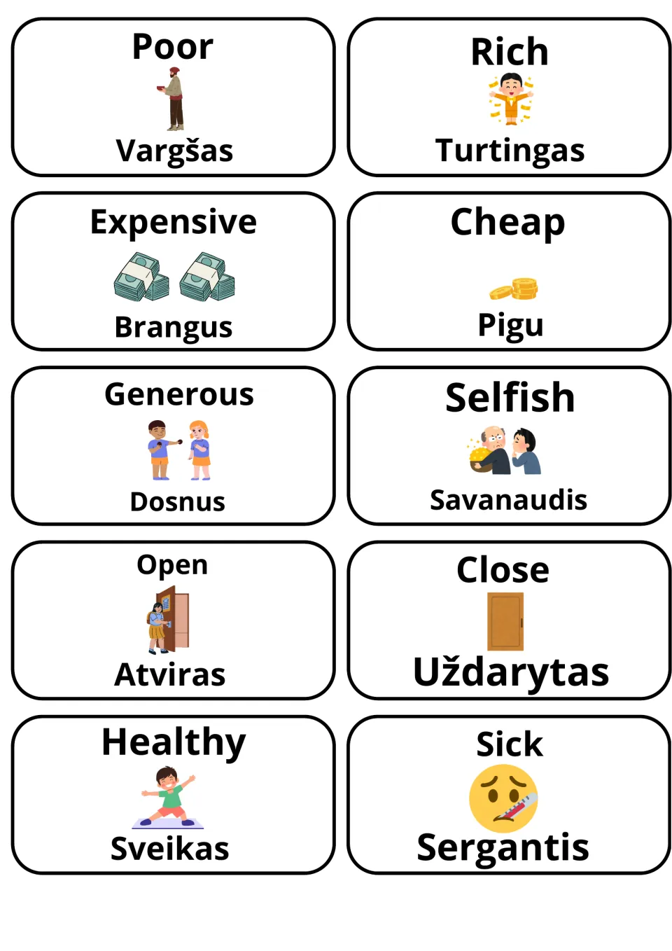 Adjective cards in Lithuanian: poor/vargšas, rich/turtingas, expensive, cheap, generous, selfish, open, close, sick