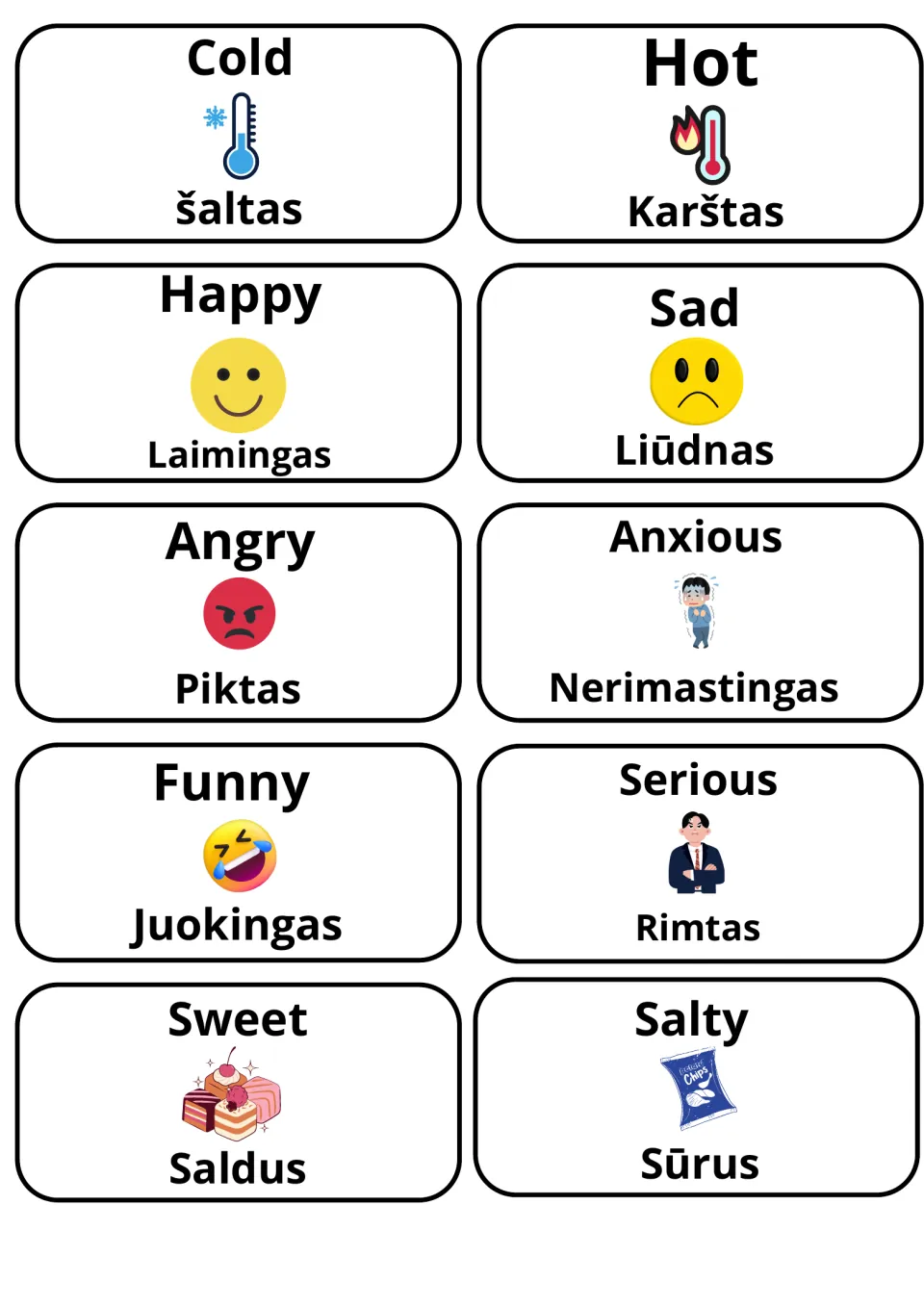 Feelings and taste words in Lithuanian: cold/šaltas, hot/karštas, happy, sad, angry, anxious, funny, sweet, salty