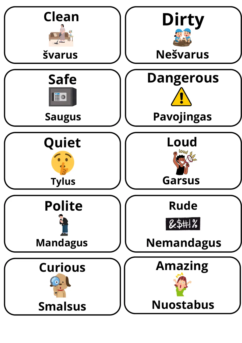 Adjectives in Lithuanian: clean/švarus, dirty/nešvarus, safe, dangerous, quiet, loud, polite, rude, curious, amazing