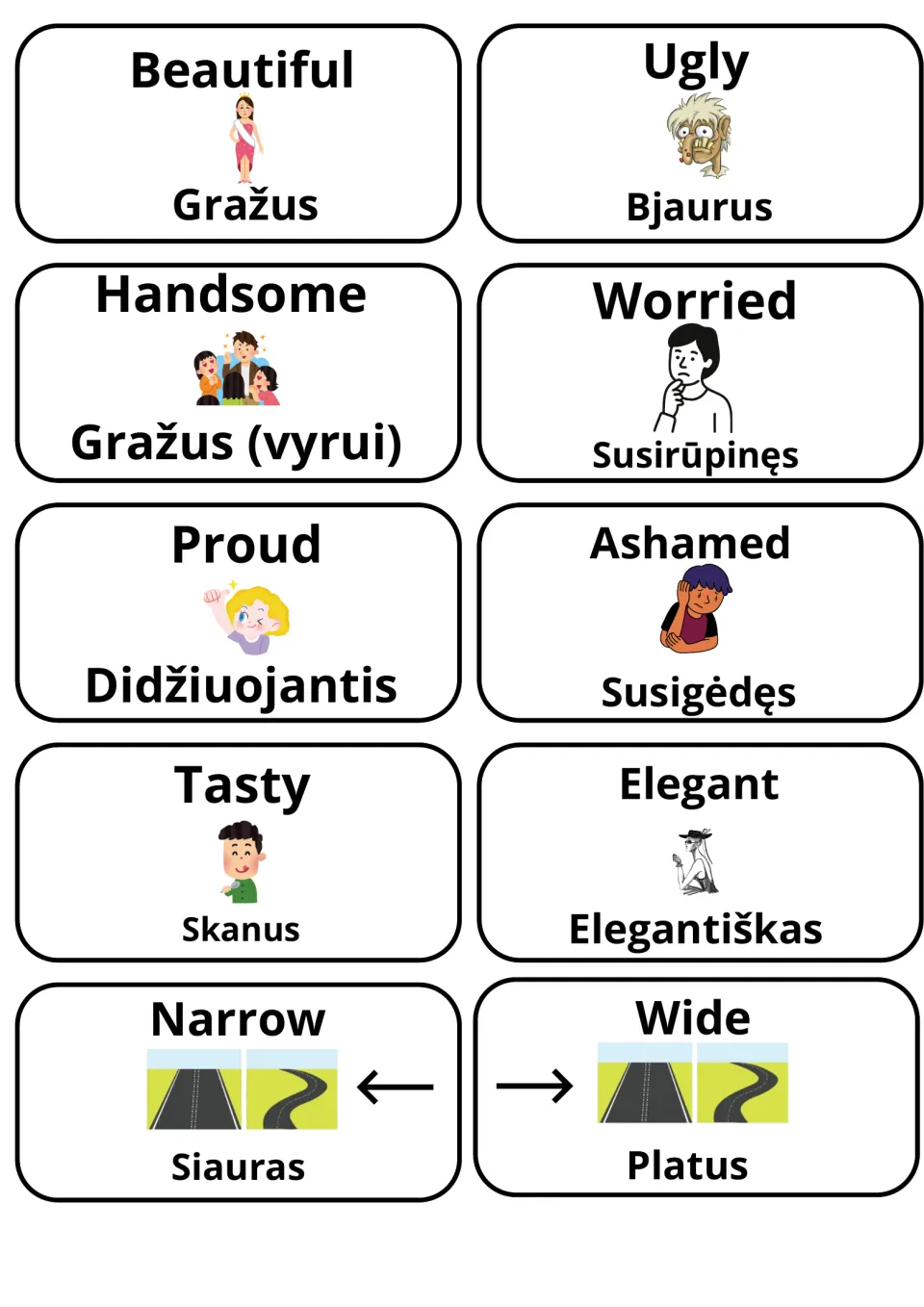Picture cards in Lithuanian: beautiful/gražus, ugly/bjaurus, handsome, worried, proud, ashamed, tasty, narrow, wide