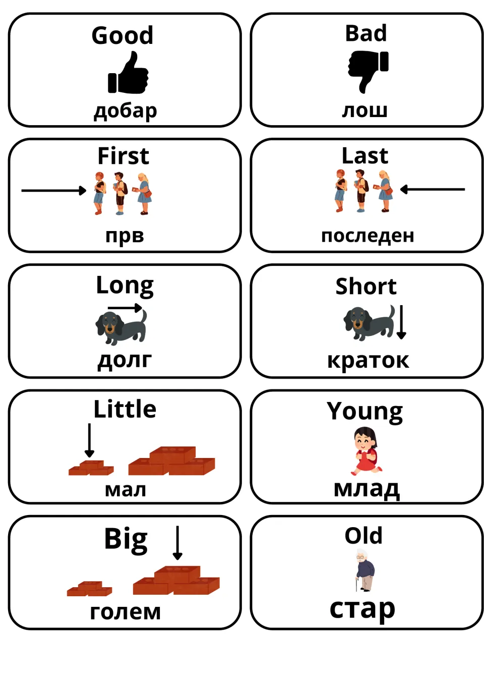 Adjective flashcards pairing good/bad, first/last, long/short, little, young, big and old with Macedonian words and icons